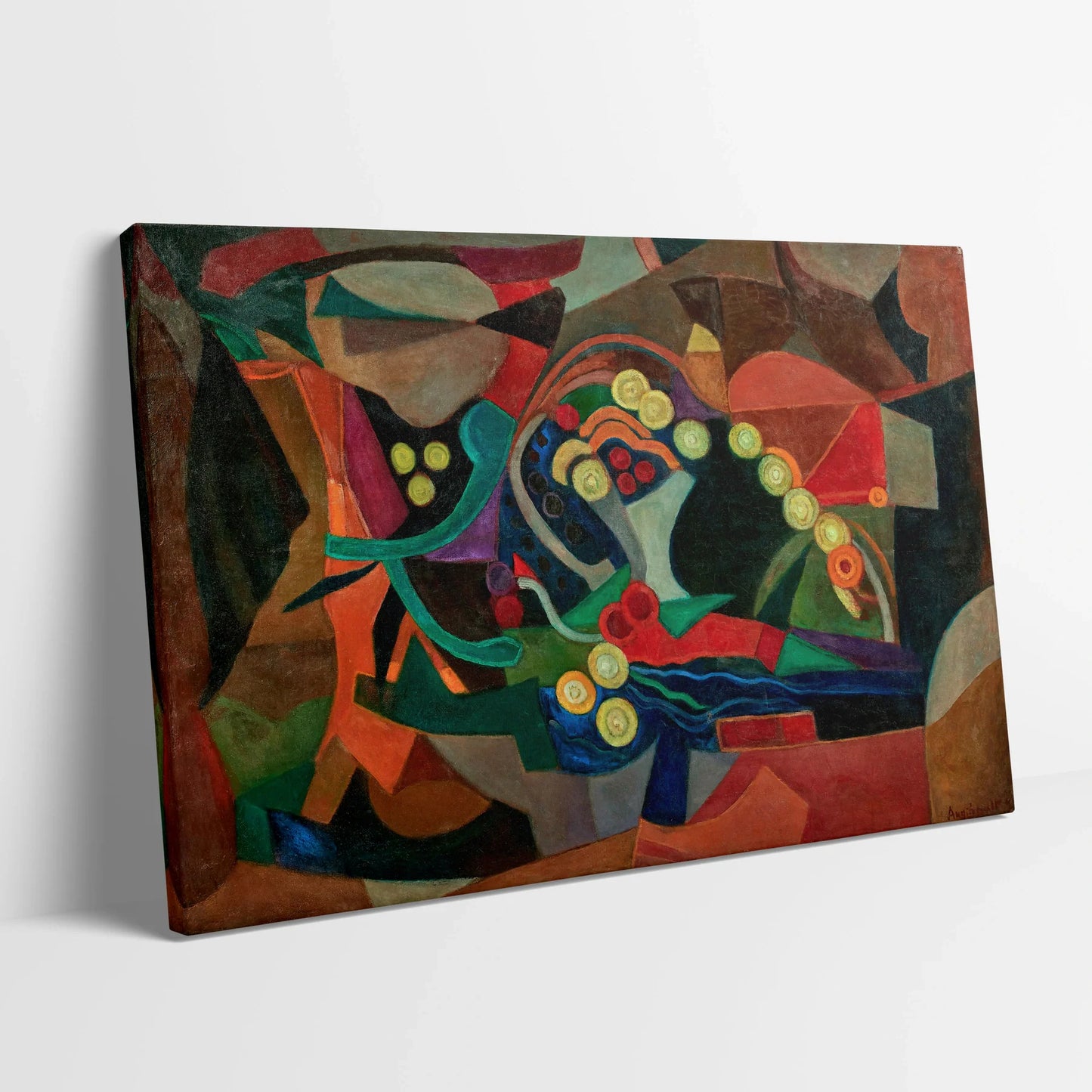 Tablou Abstract - Compoziție Colorată și Dinamică - vedere din lateral sprijinit perete