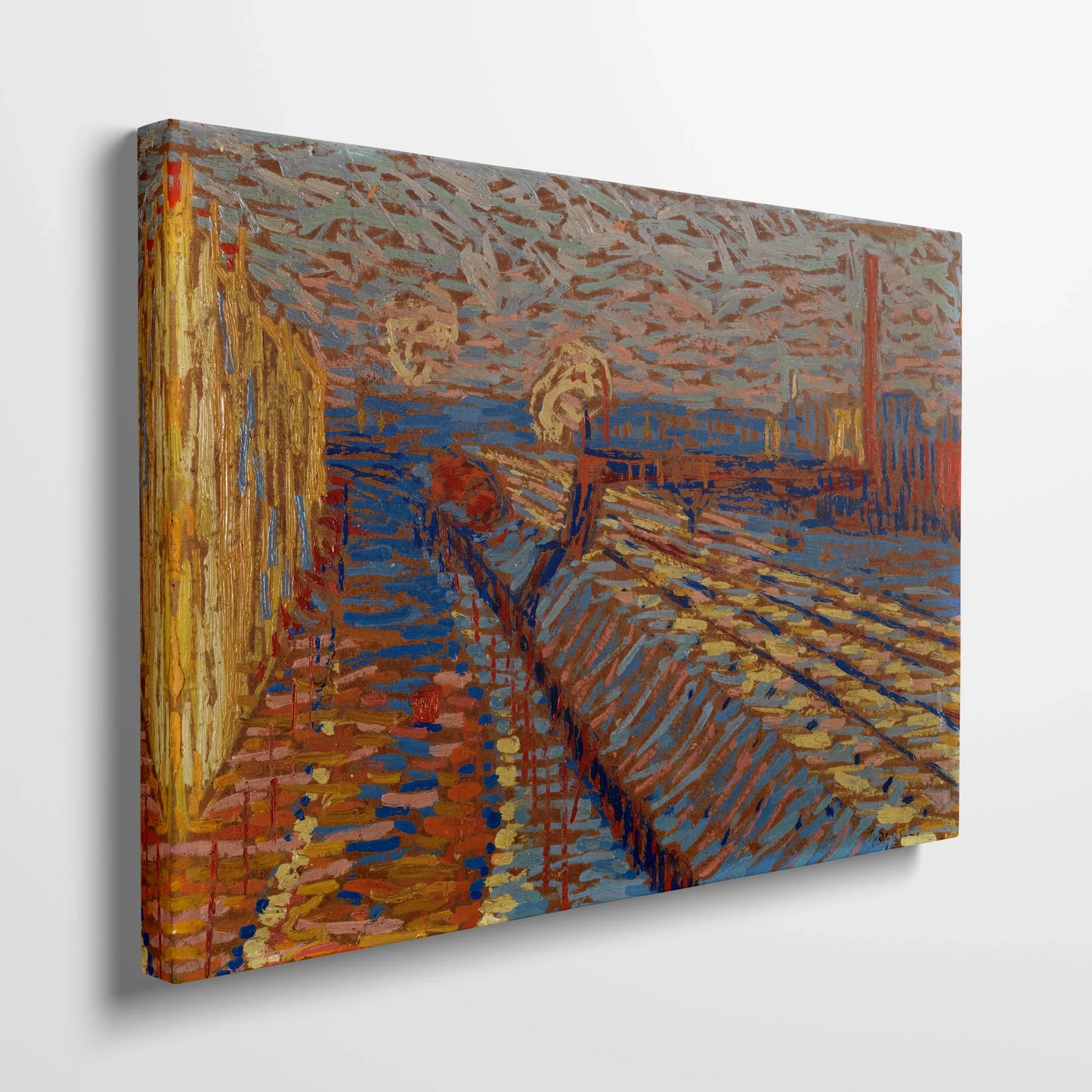 Tablou Abstract - Peisaj Urban cu Cale Ferată în Zăpadă