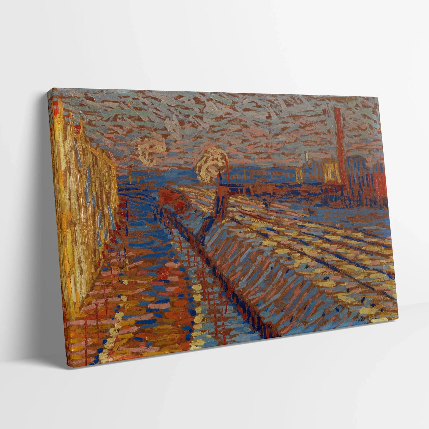 Tablou Abstract - Peisaj Urban cu Cale Ferată în Zăpadă