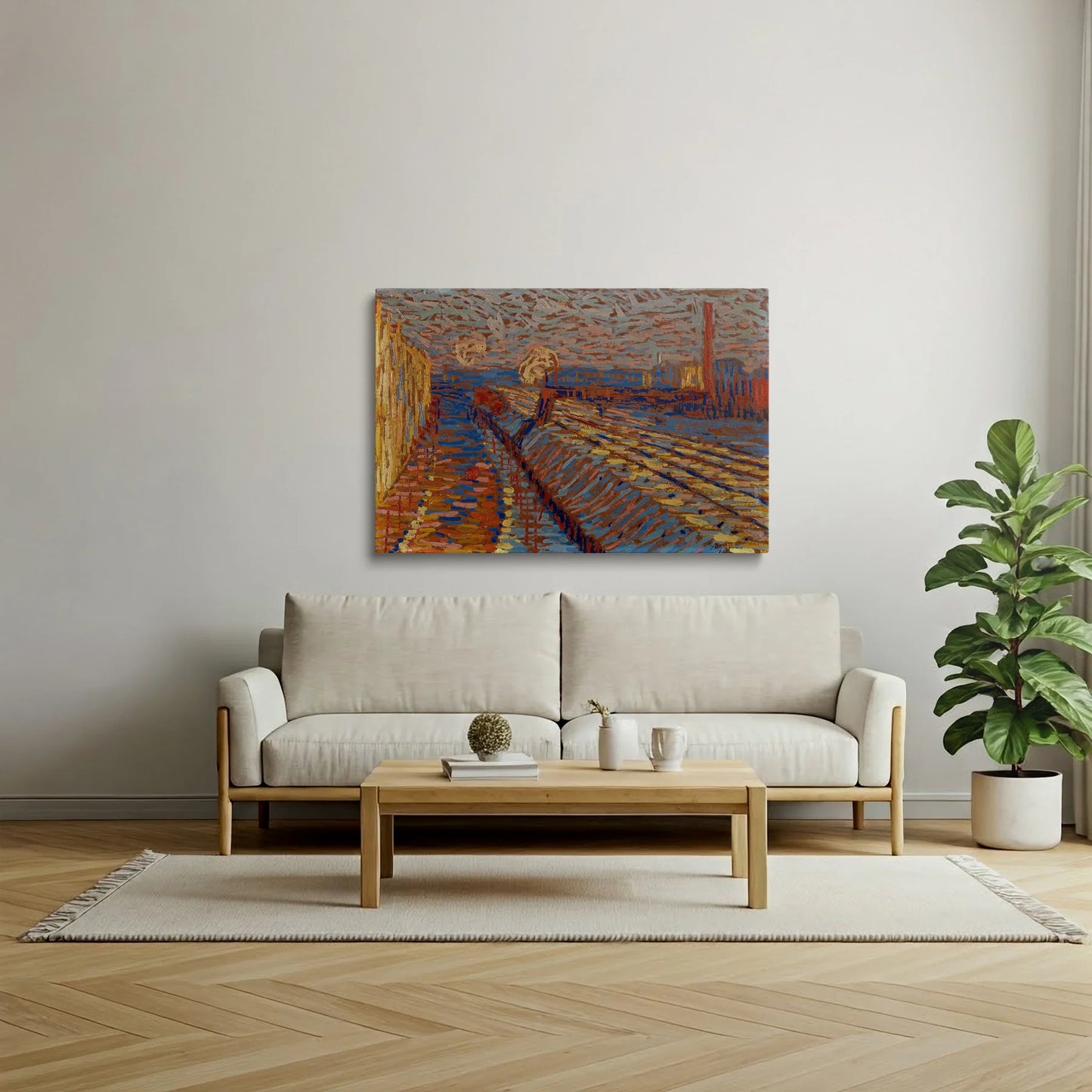 Tablou Abstract - Peisaj Urban cu Cale Ferată în Zăpadă