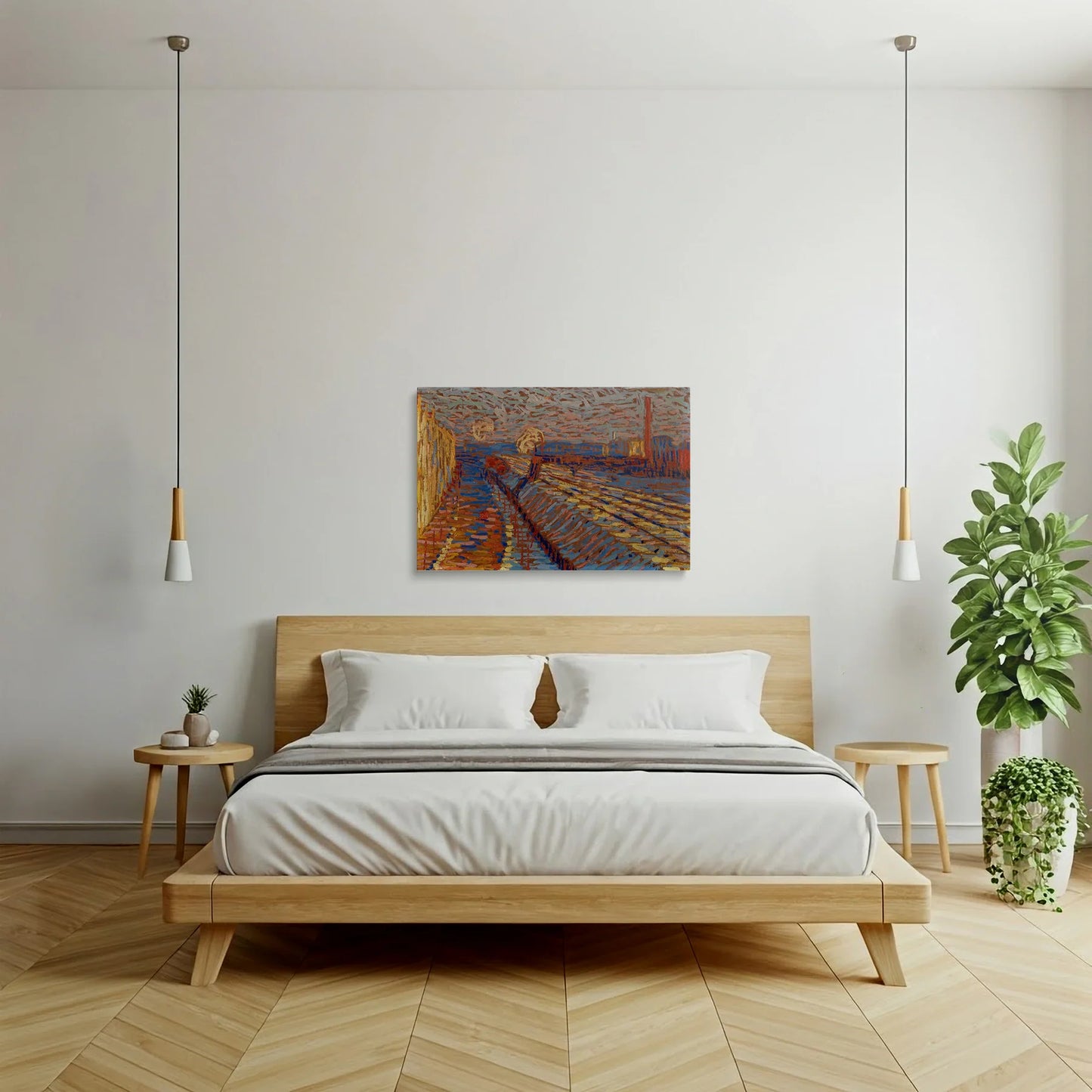 Tablou Abstract - Peisaj Urban cu Cale Ferată în Zăpadă