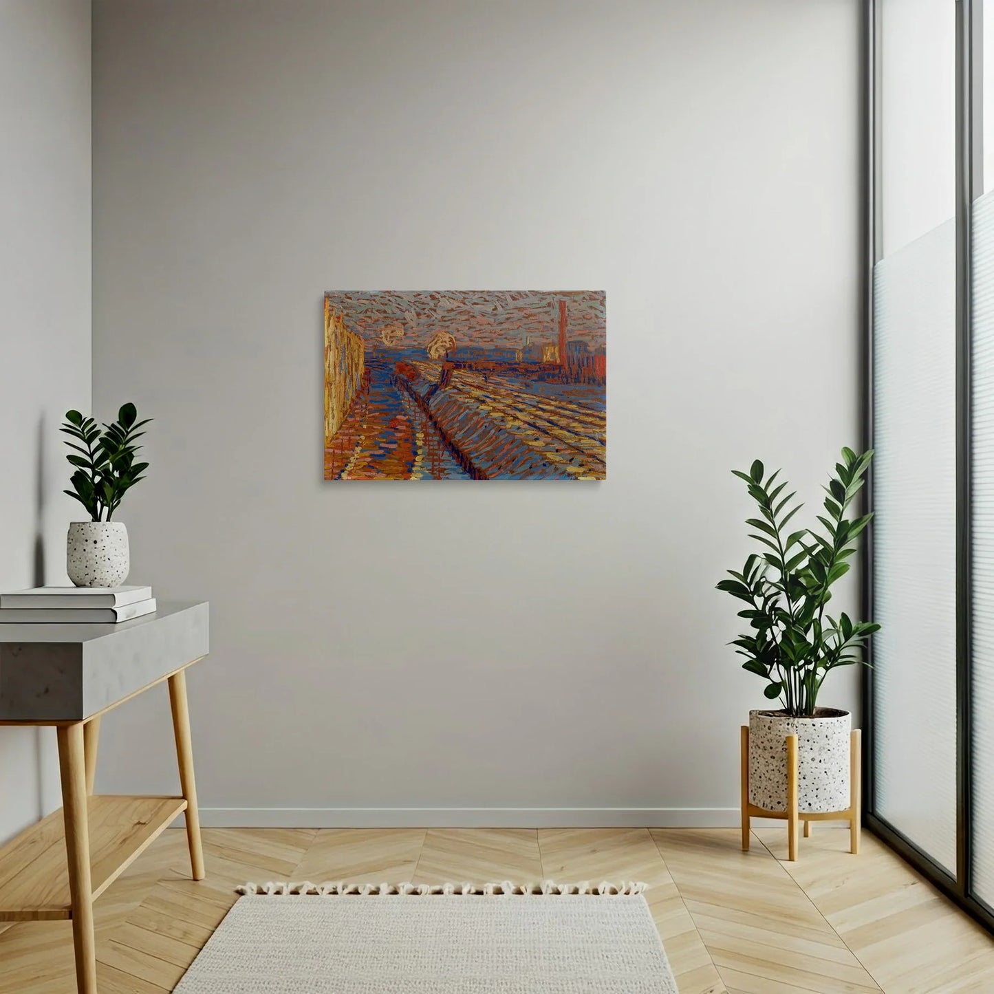 Tablou Abstract - Peisaj Urban cu Cale Ferată în Zăpadă
