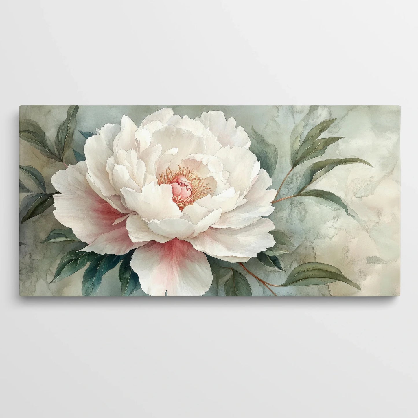 Tablou Flori - Peonie Albă cu Accente Roz - vedere frontala