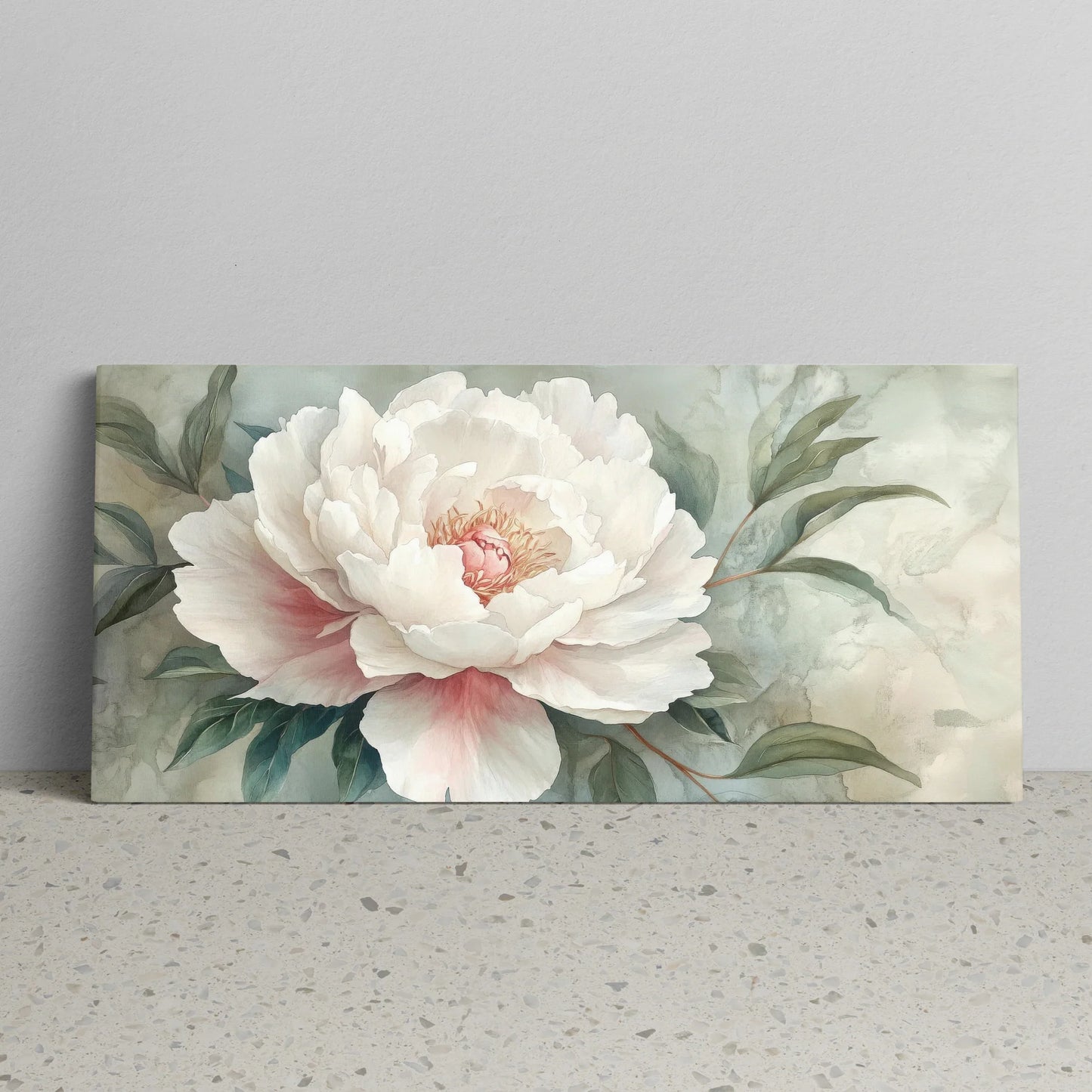 Tablou Flori - Peonie Albă cu Accente Roz - vedere sprijinit perete