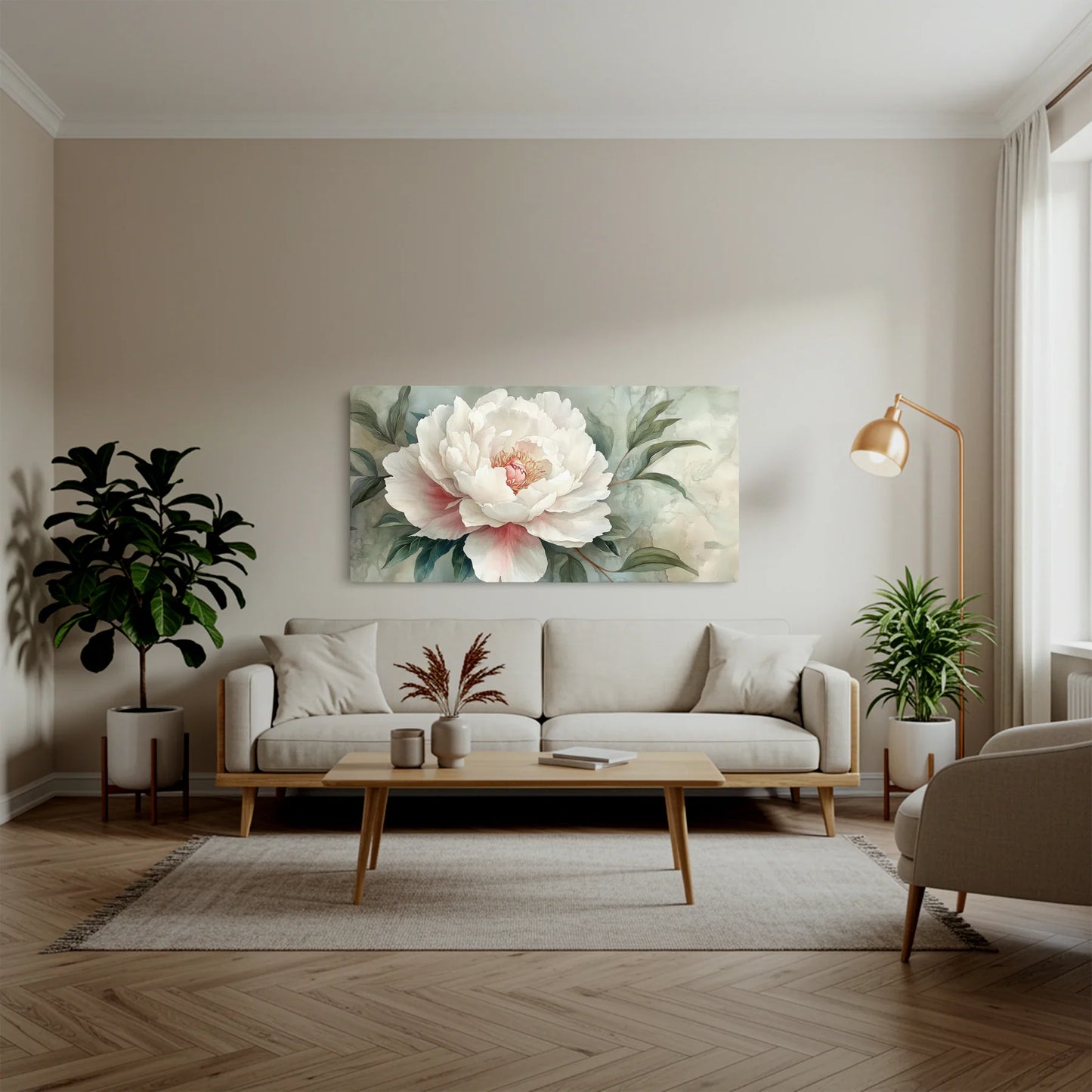 Tablou Flori - Peonie Albă cu Accente Roz - vedere living 1