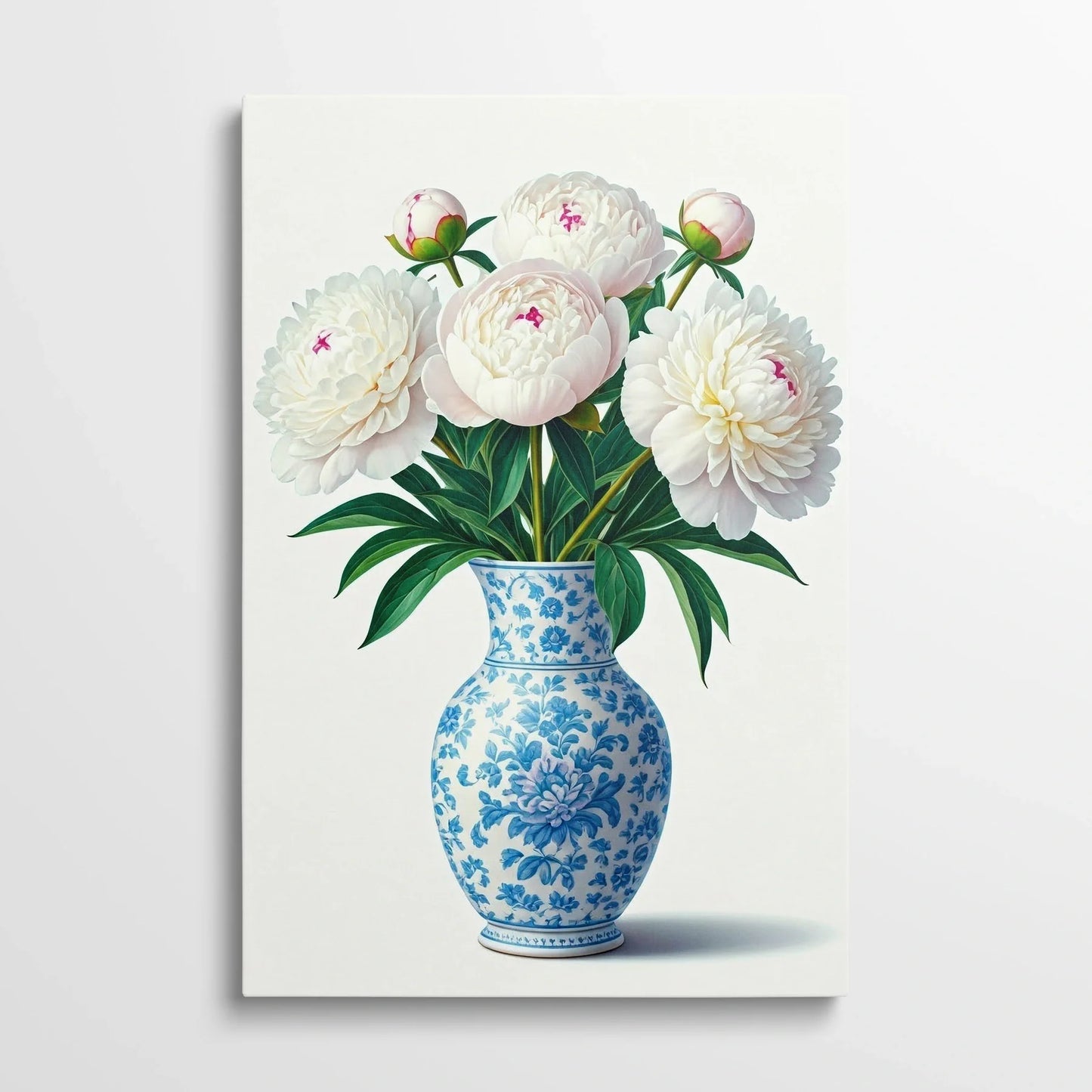 Tablou Flori - Bujori Eleganți în Vase Albastre - vedere din fata