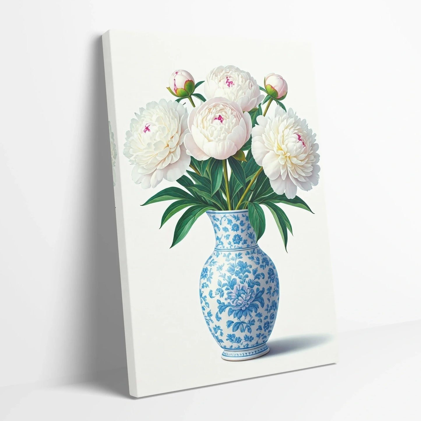Tablou Flori - Bujori Eleganți în Vase Albastre - vedere din lateral sprijinit perete