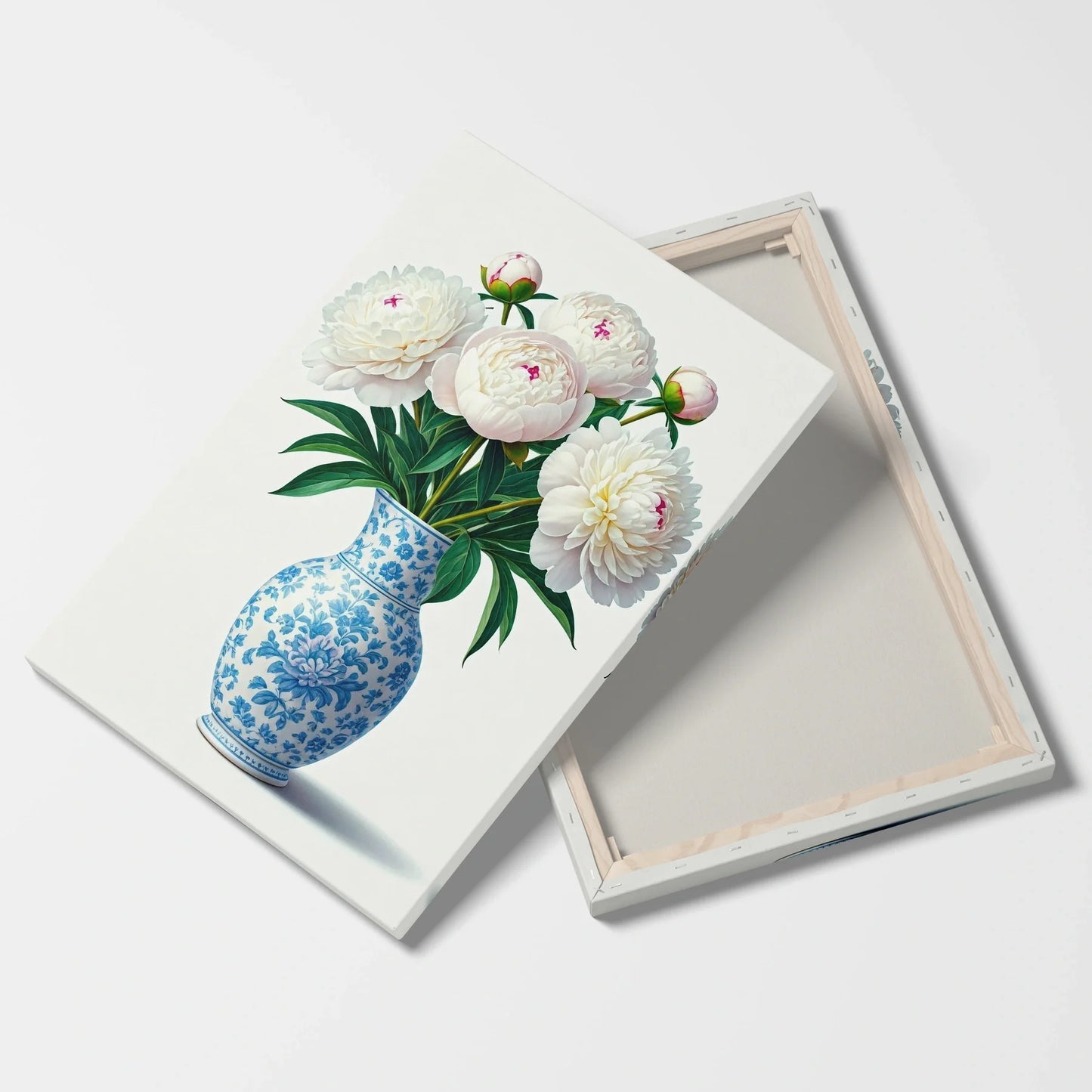 Tablou Flori - Bujori Eleganți în Vase Albastre - vedere fata verso