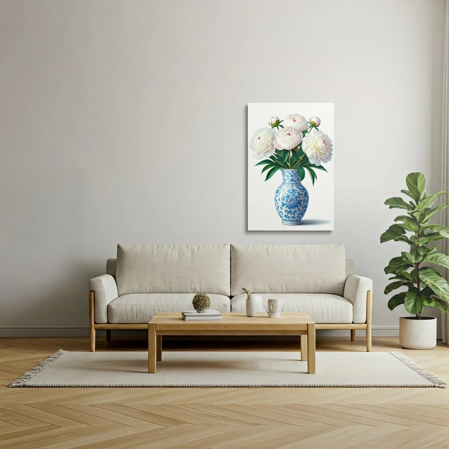 Tablou Flori - Bujori Eleganți în Vase Albastre - vedere living