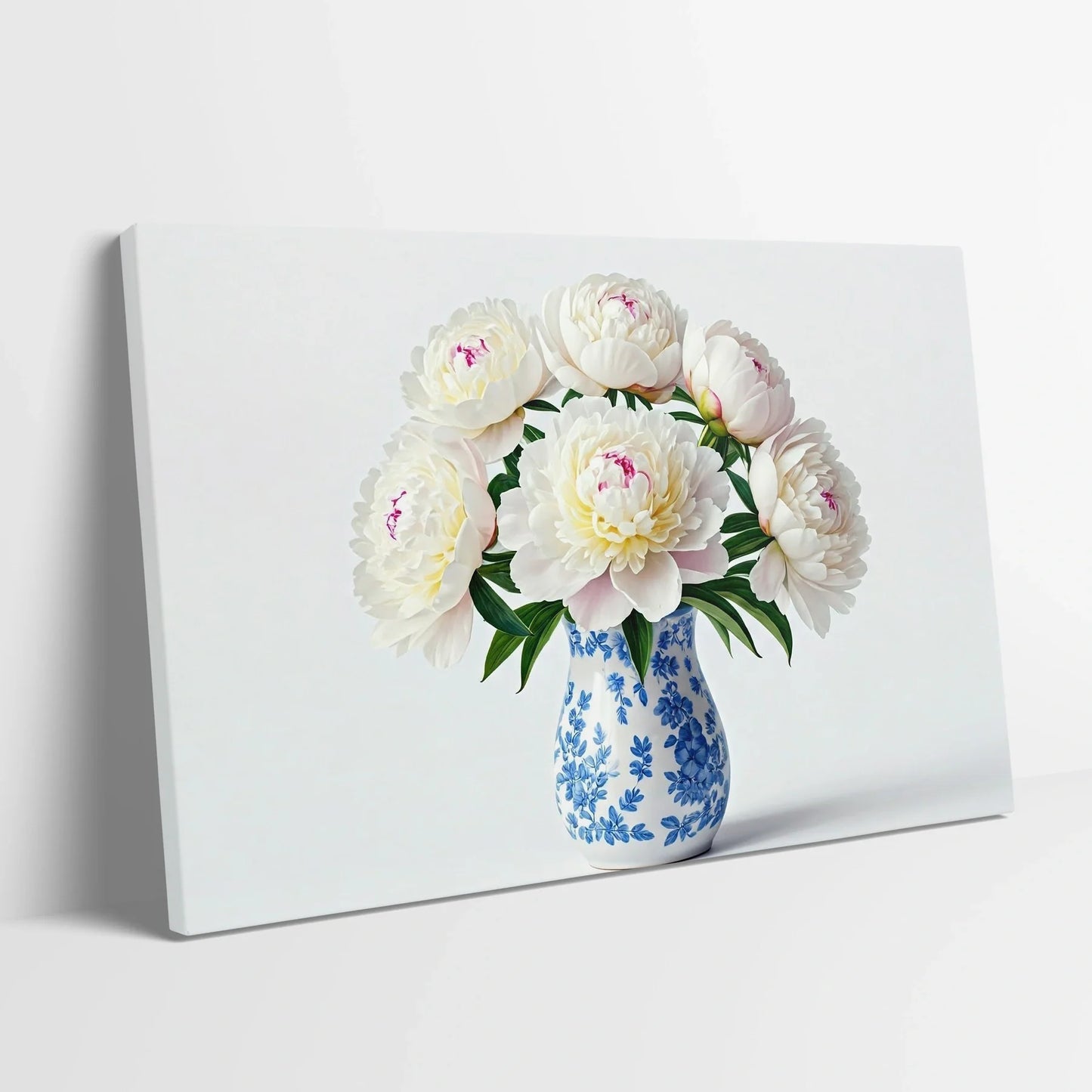 Tablou Flori - Bujori Albi cu Vase Elegante - vedere din lateral sprijinit perete