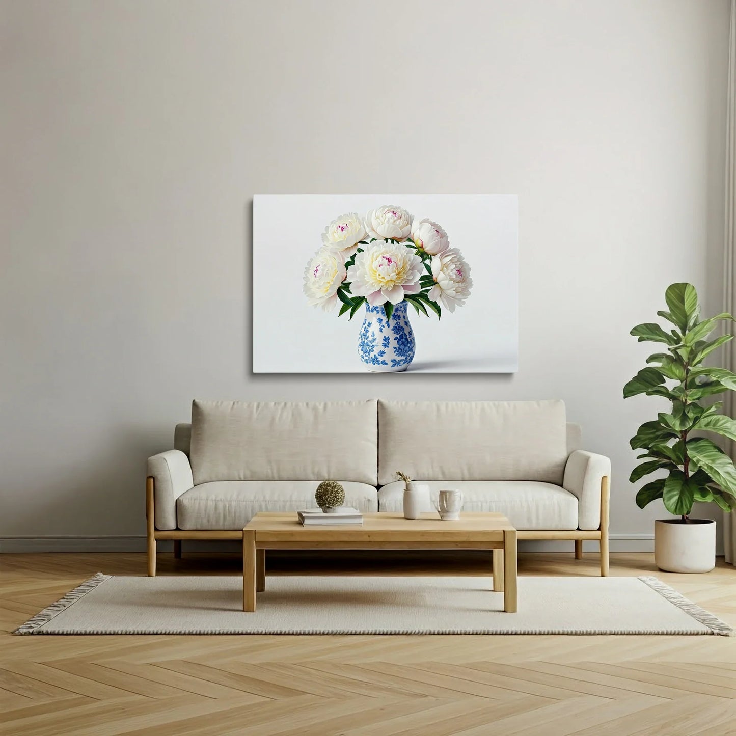 Tablou Flori - Bujori Albi cu Vase Elegante - vedere living