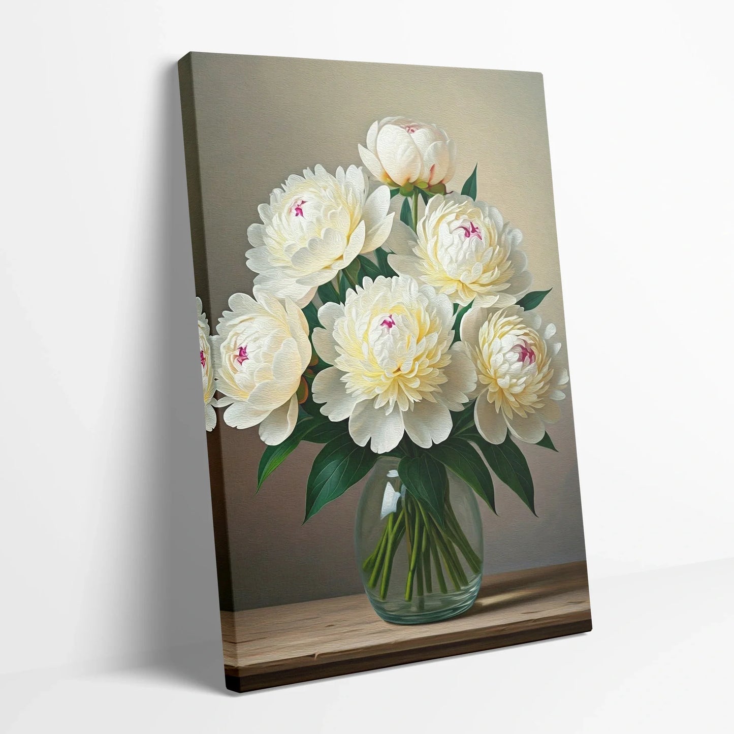 Tablou Flori - Bujori Albi Din Ulei Pe Canvas - vedere din lateral sprijinit perete