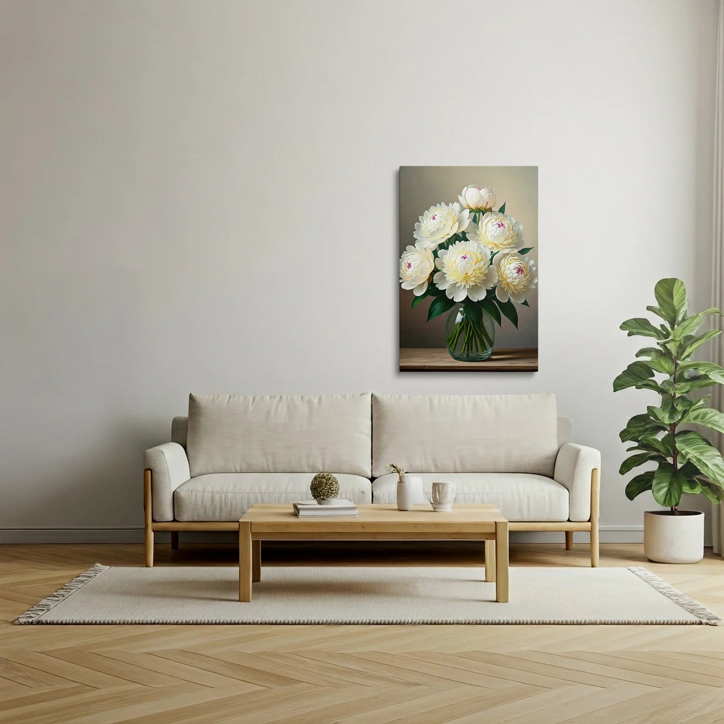 Tablou Flori - Bujori Albi Din Ulei Pe Canvas - vedere living