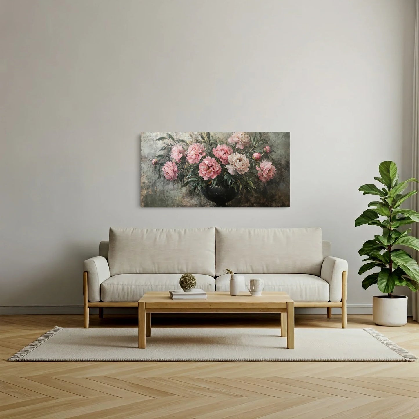 Tablou Flori - Bujori Roz Expresivi Într-O Vază Elegantă - vedere living