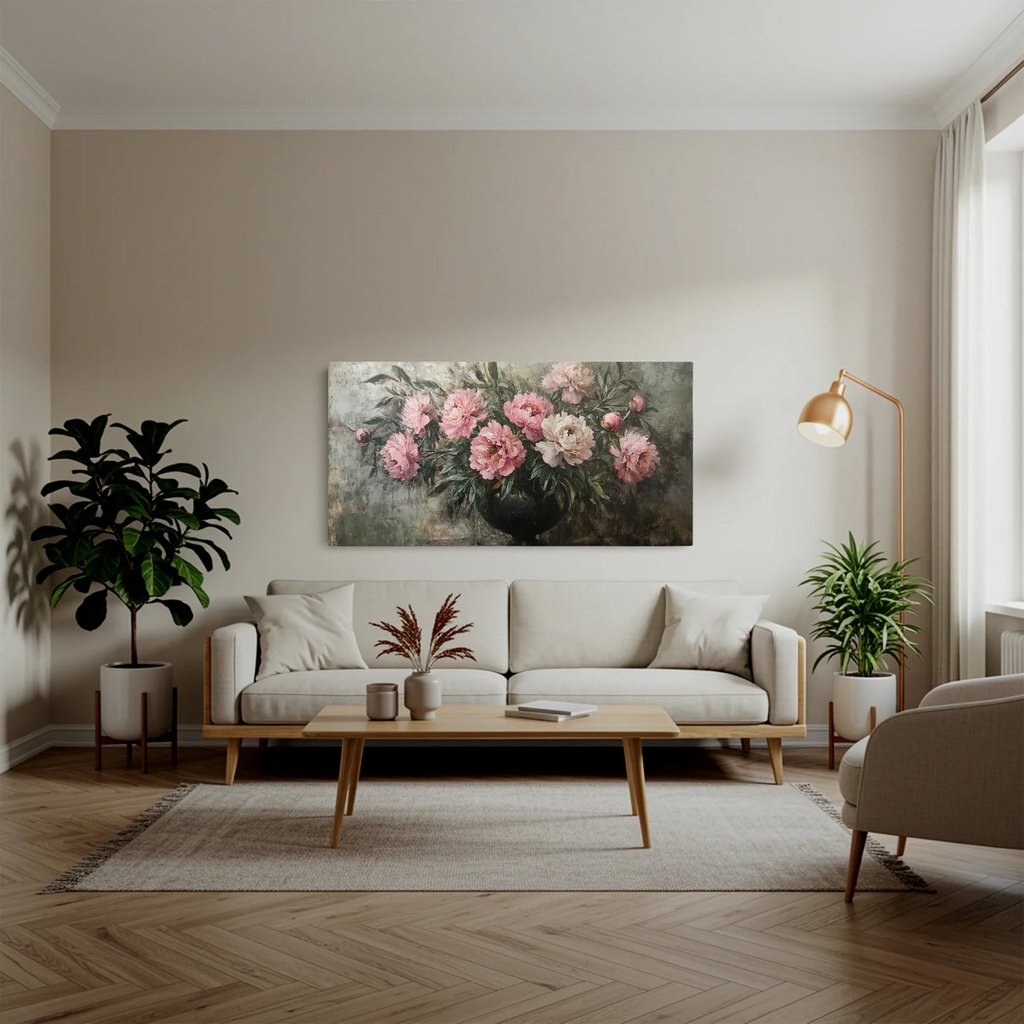 Tablou Flori - Bujori Roz Expresivi Într-O Vază Elegantă - vedere living 1