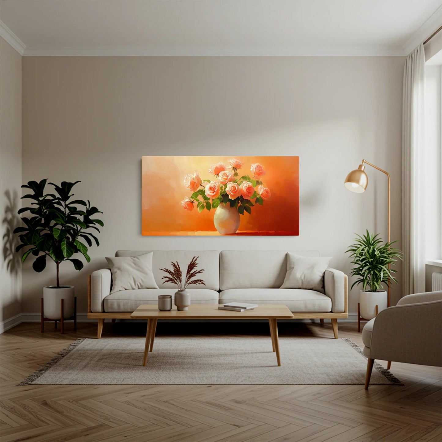 Tablou Flori - Buchet de Trandafiri Roz în Vază - vedere living 1