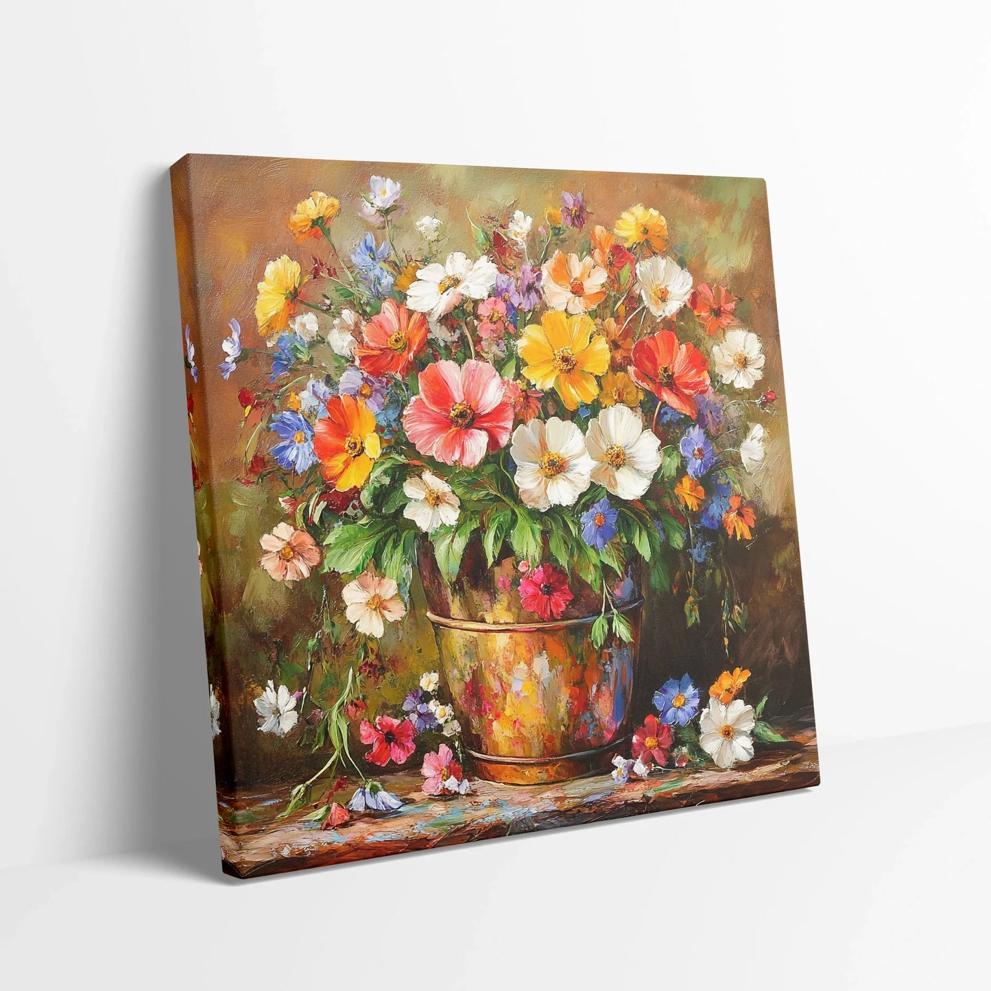 Tablou Flori - Buchet Expresiv Într-Un Suport Rustic - vedere din lateral