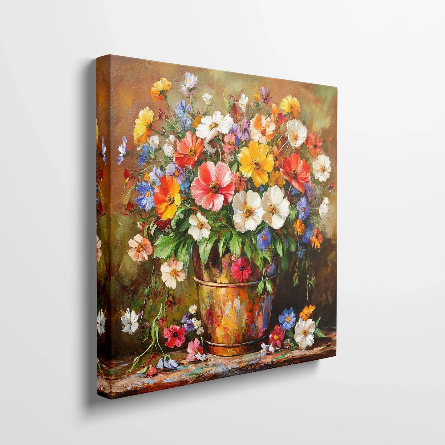 Tablou Flori - Buchet Expresiv Într-Un Suport Rustic - vedere din lateral sprijinit perete