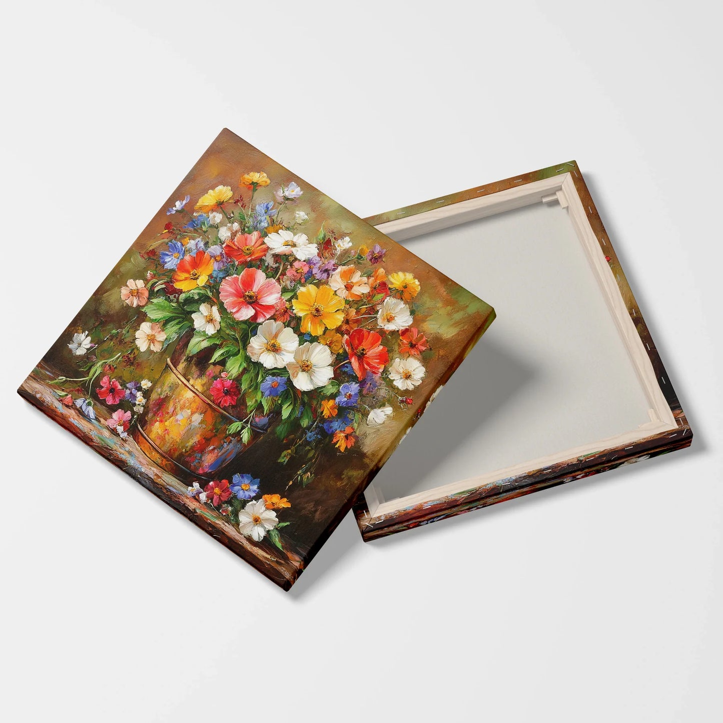 Tablou Flori - Buchet Expresiv Într-Un Suport Rustic - vedere fata verso