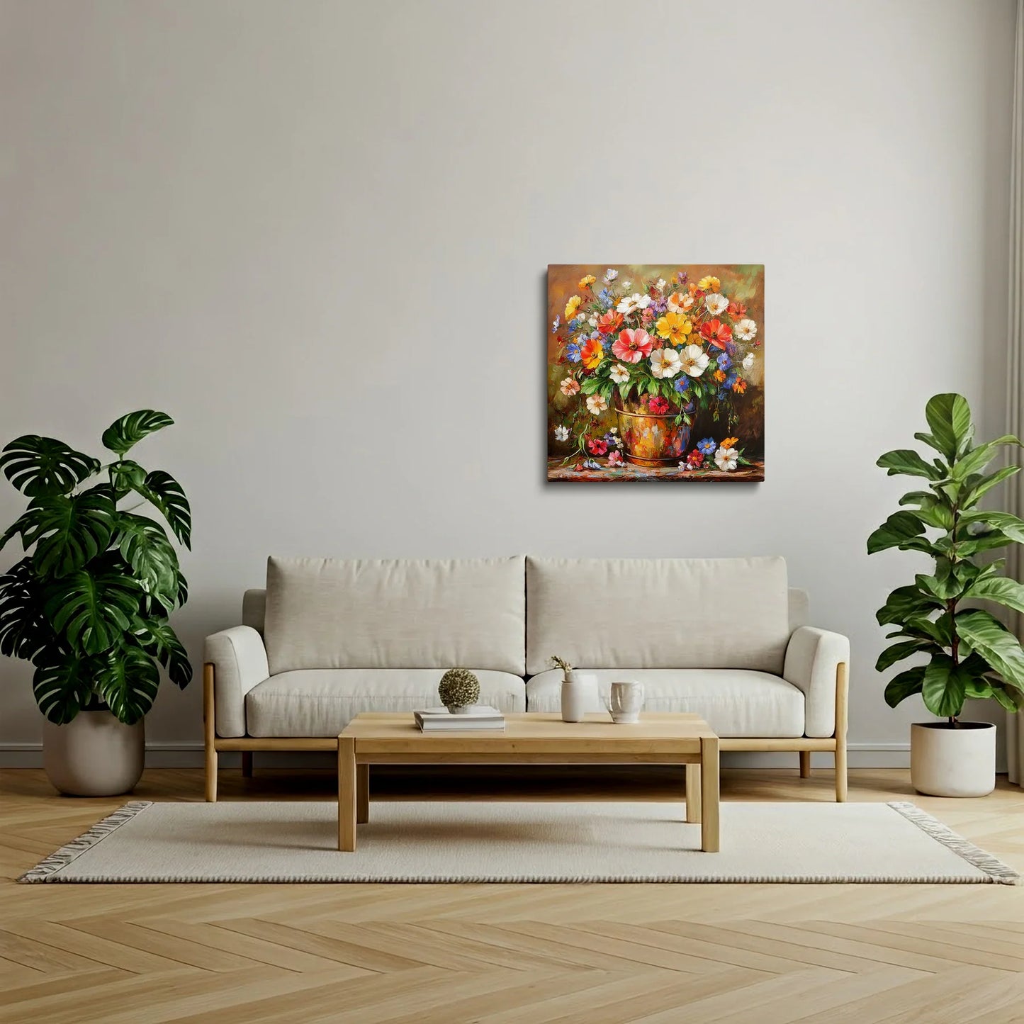 Tablou Flori - Buchet Expresiv Într-Un Suport Rustic - vedere living