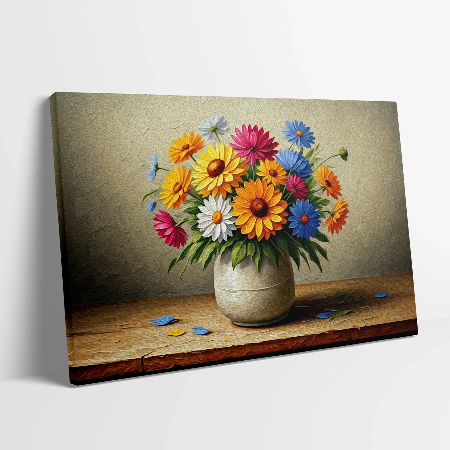 Tablou Flori - Buchet Colorat de Flori în Vas - vedere din lateral sprijinit perete