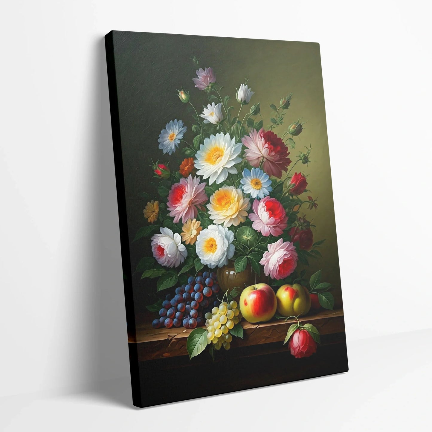 Tablou Flori - Buchet de Flori și Fructe Expresive - vedere din lateral sprijinit perete