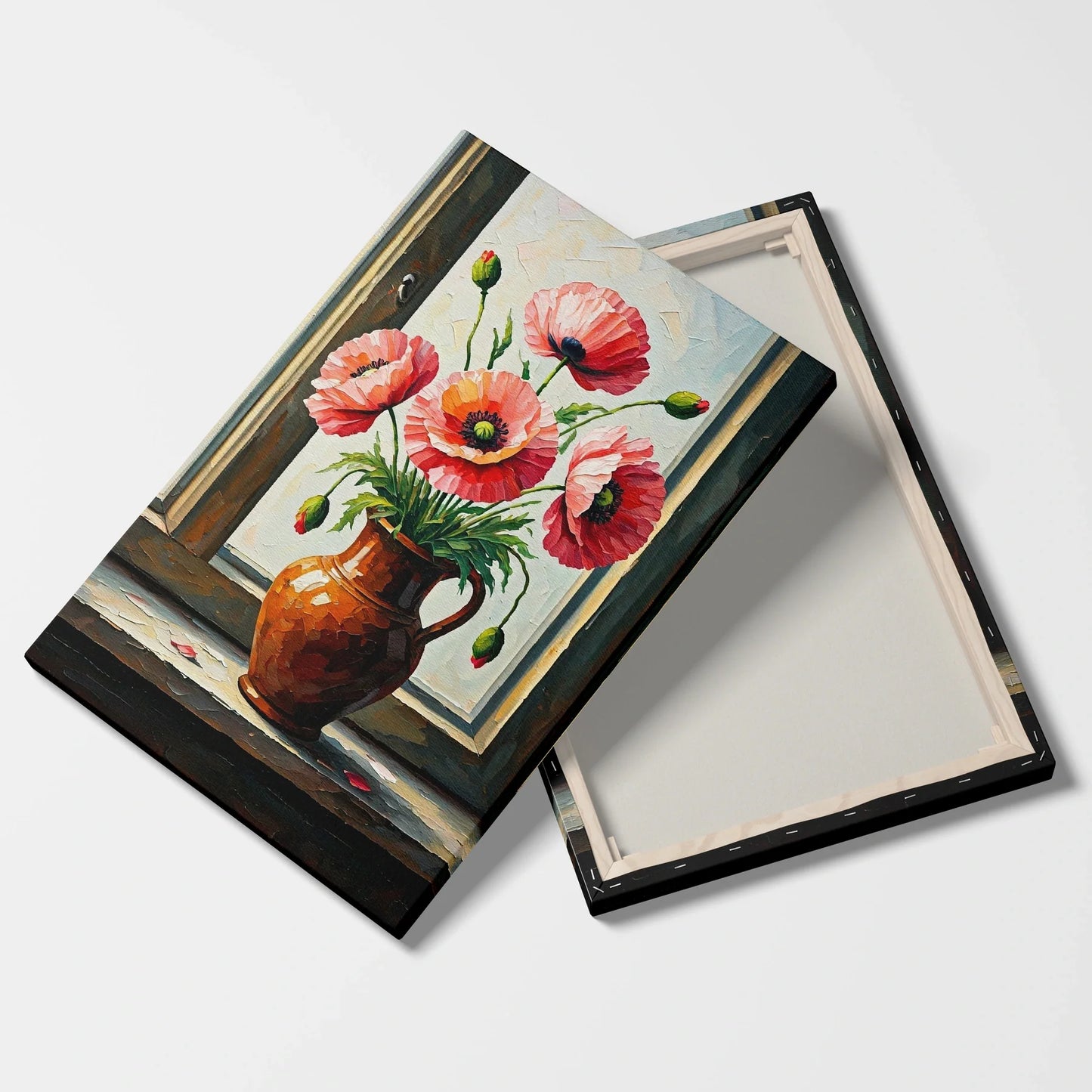 Tablou Flori - Maci Roz în Vază Ceramică Rustică - vedere fata verso