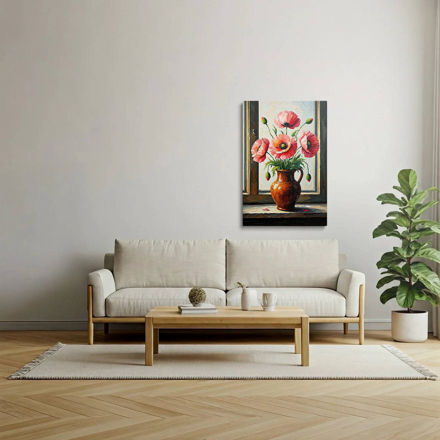Tablou Flori - Maci Roz în Vază Ceramică Rustică - vedere living