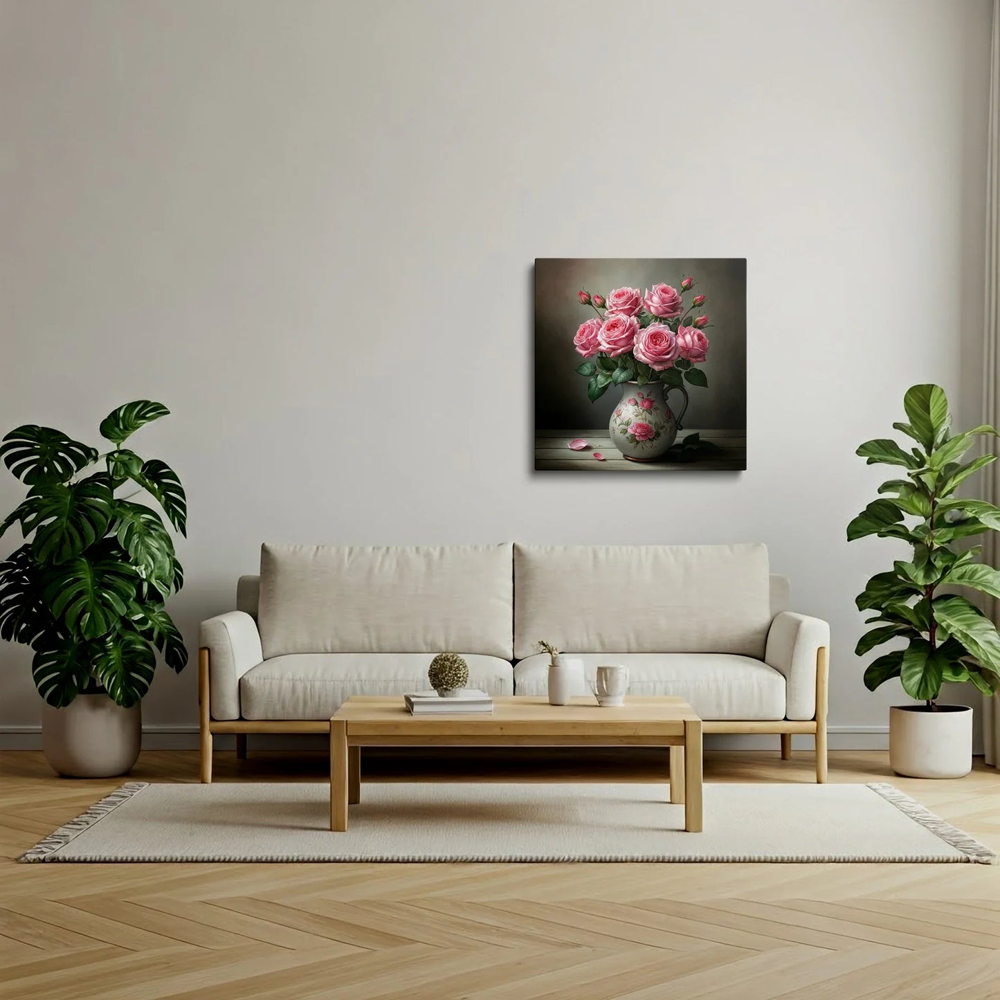 Tablou Flori - Trandafiri Roz în Vas Elegant - vedere living