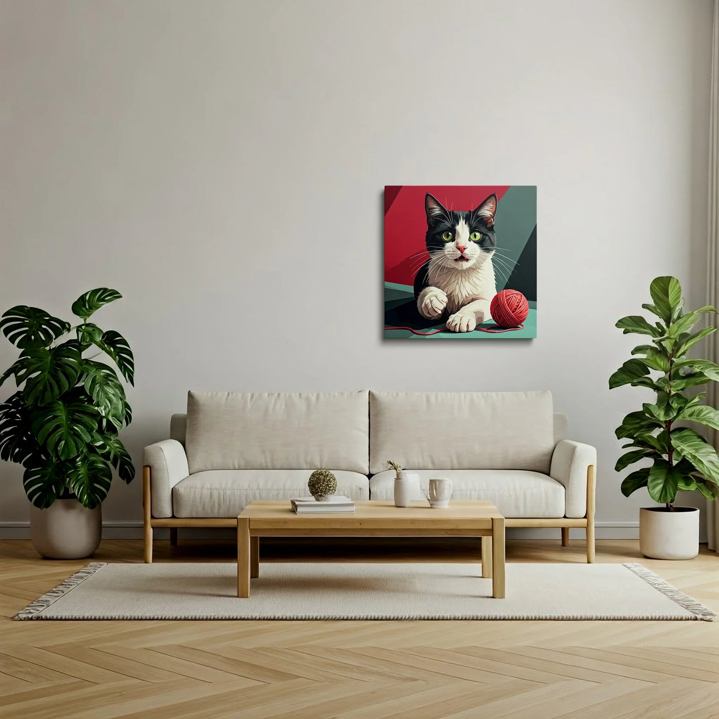 Tablou Modern - Pisică Jucăușă în Stil Geometric - vedere living