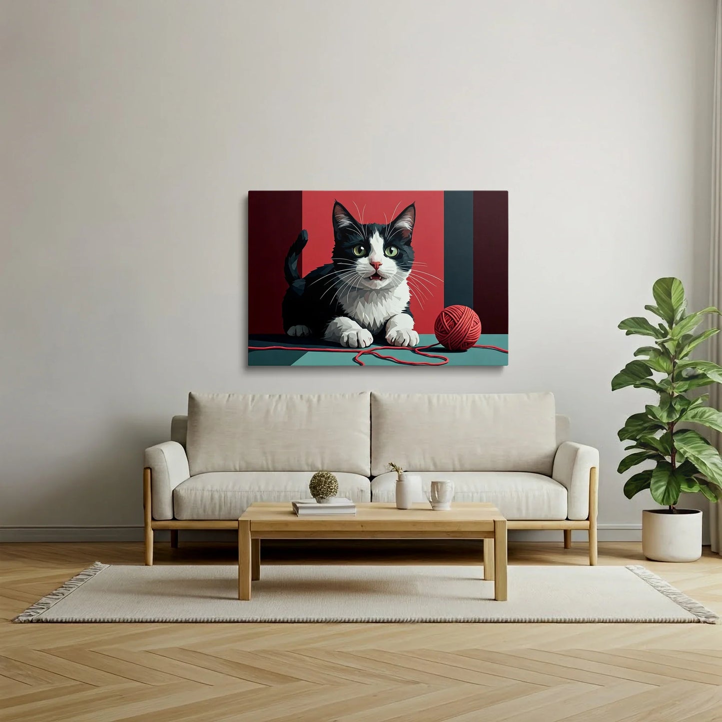 Tablou Modern - Portret Geometric Al Unei Pisici Jucăușe - vedere living