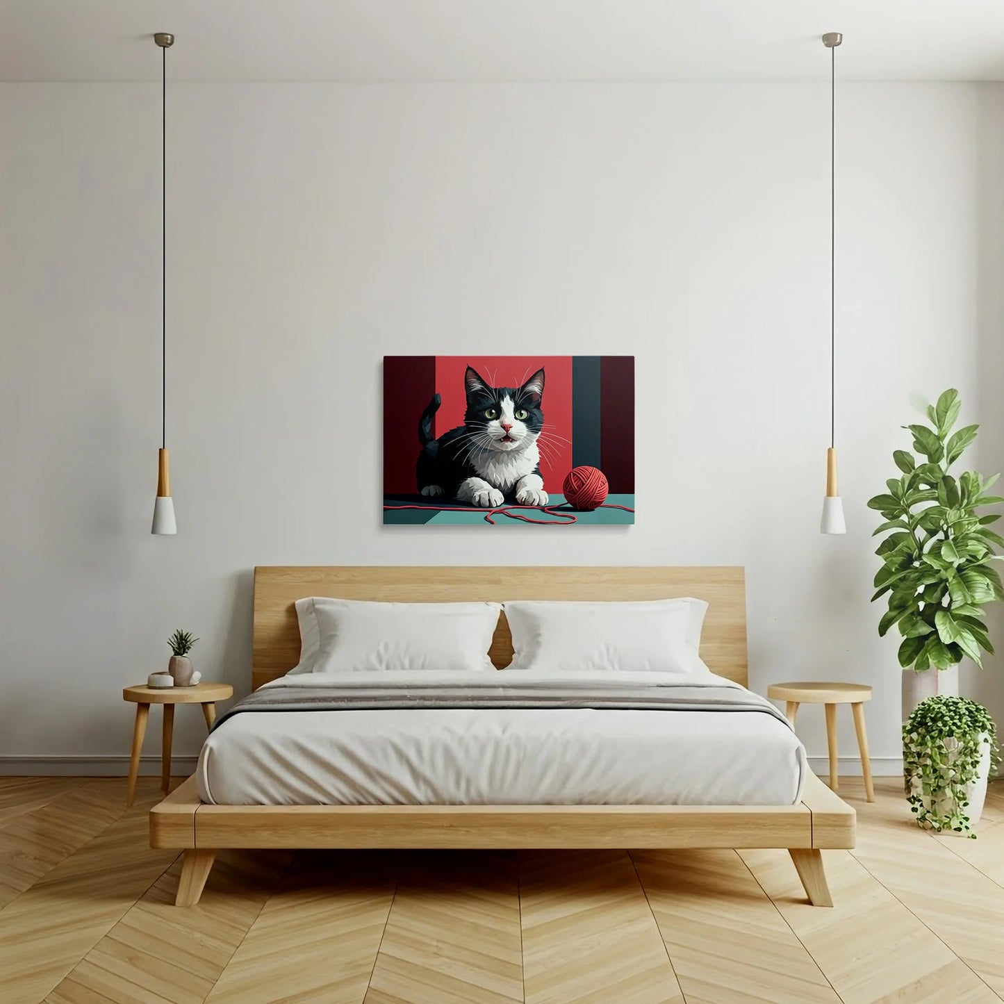 Tablou Modern - Portret Geometric Al Unei Pisici Jucăușe - vedere dormitor