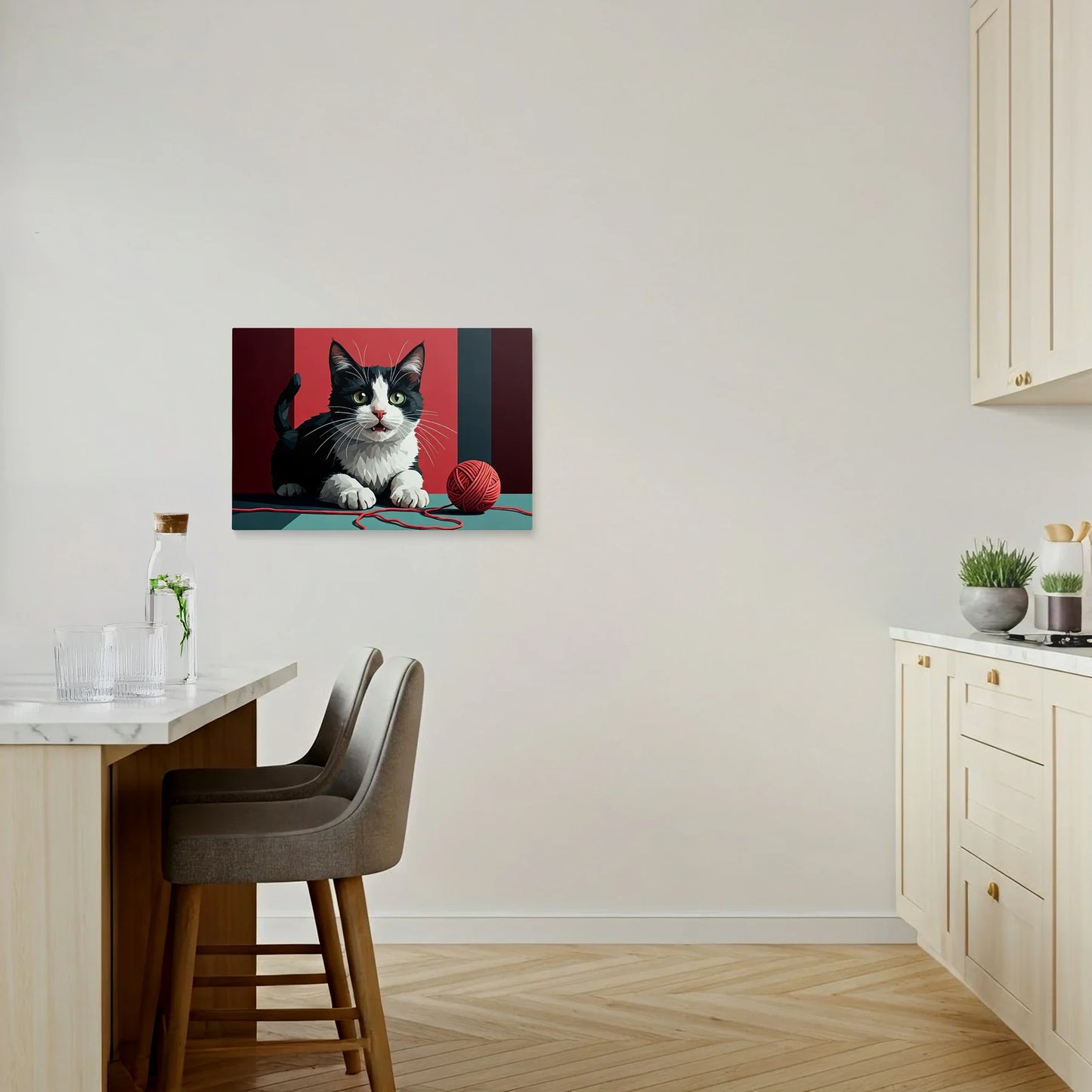 Tablou Modern - Portret Geometric Al Unei Pisici Jucăușe - vedere bucatarie