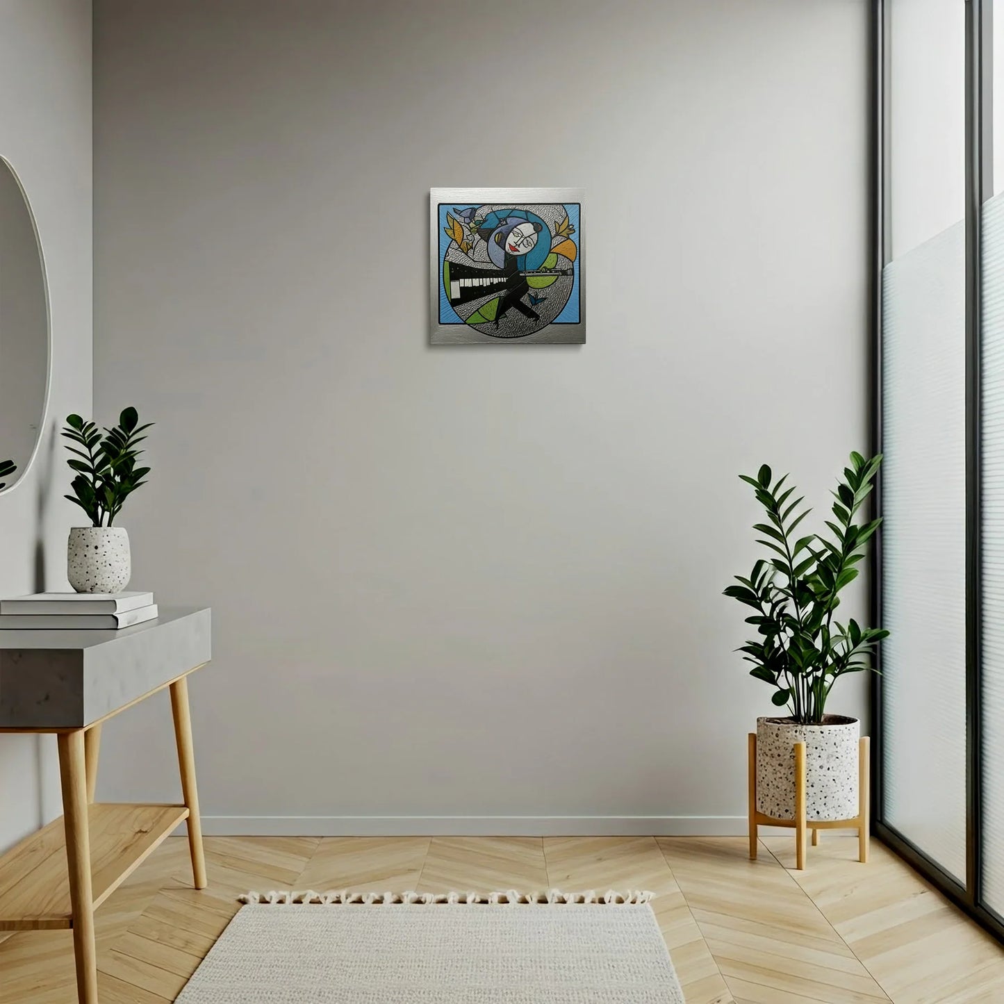 Tablou Modern - Portret Cubist cu Flaut și Motive Naturale - vedere hol