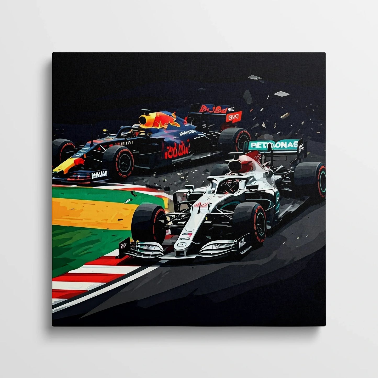 Tablou Modern - Coliziune Iconică în Formula 1 - vedere din fata