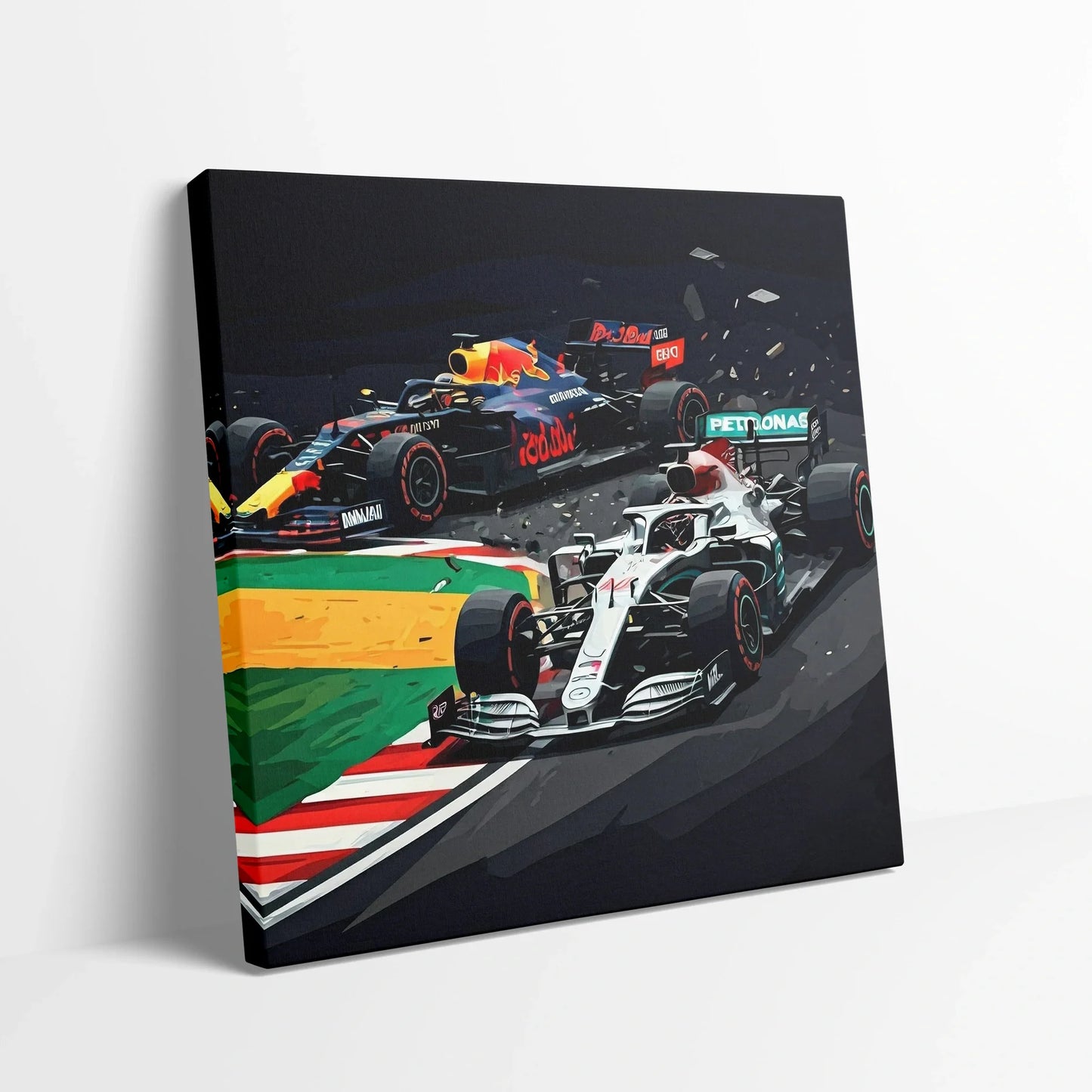 Tablou Modern - Coliziune Iconică în Formula 1 - vedere din lateral