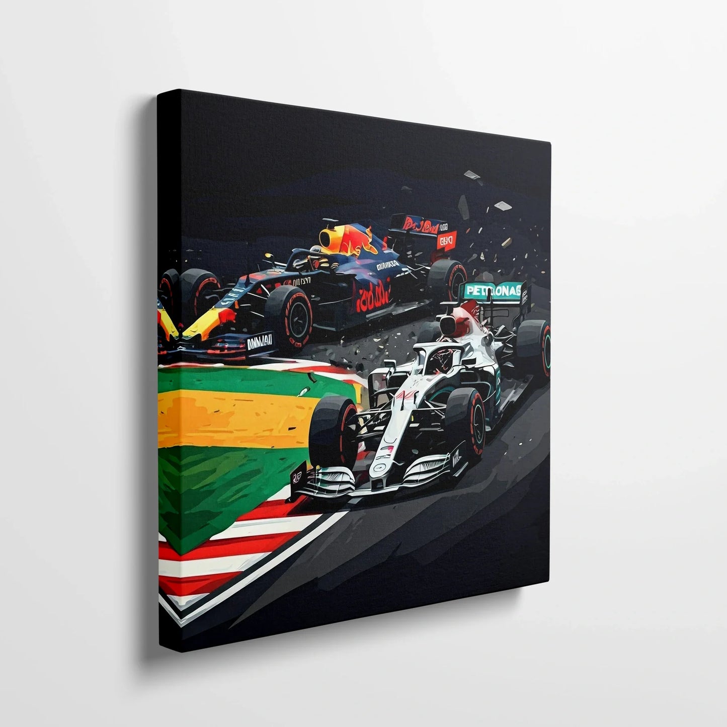 Tablou Modern - Coliziune Iconică în Formula 1 - vedere din lateral sprijinit perete