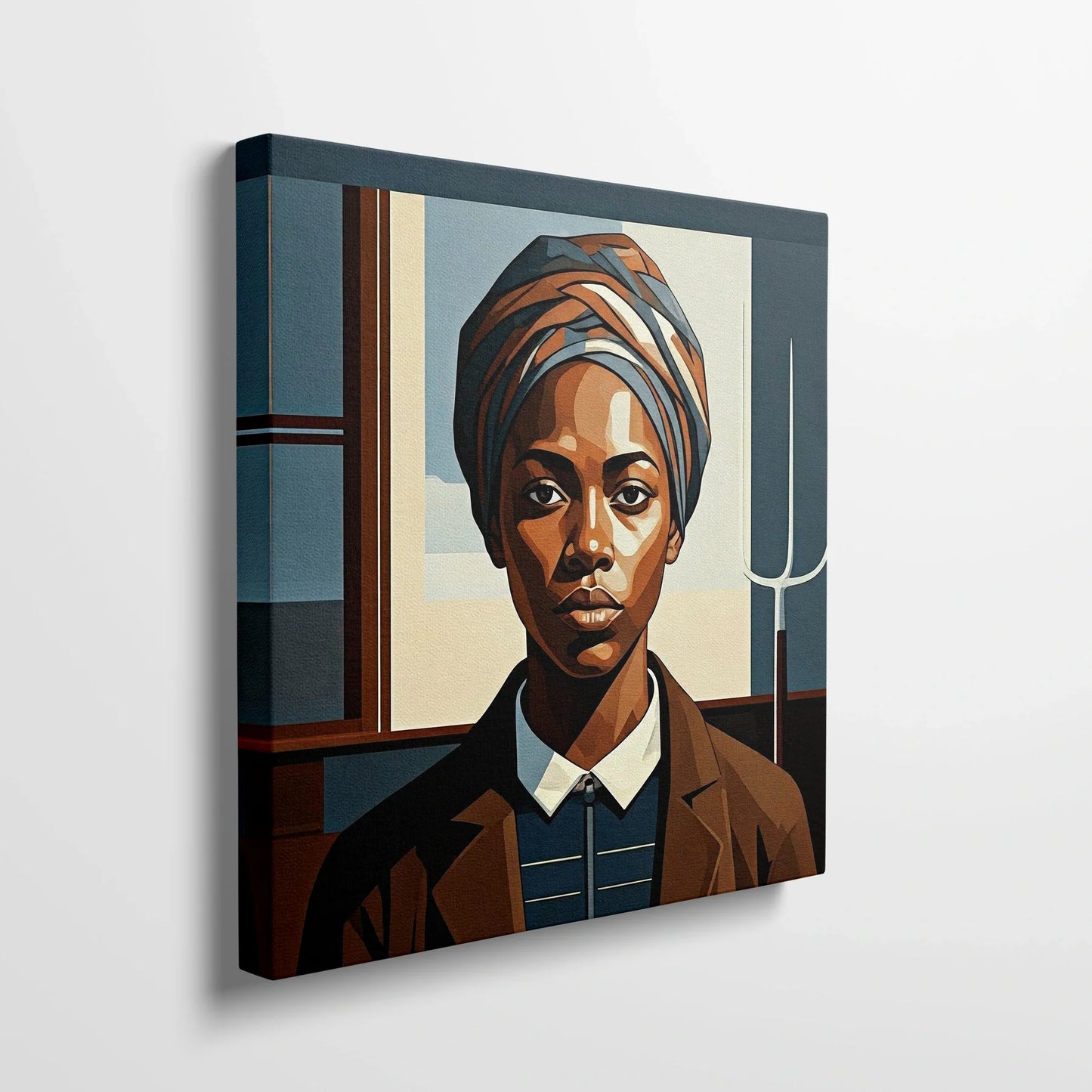 Tablou Modern - Portret Geometric de Femeie - vedere din lateral sprijinit perete