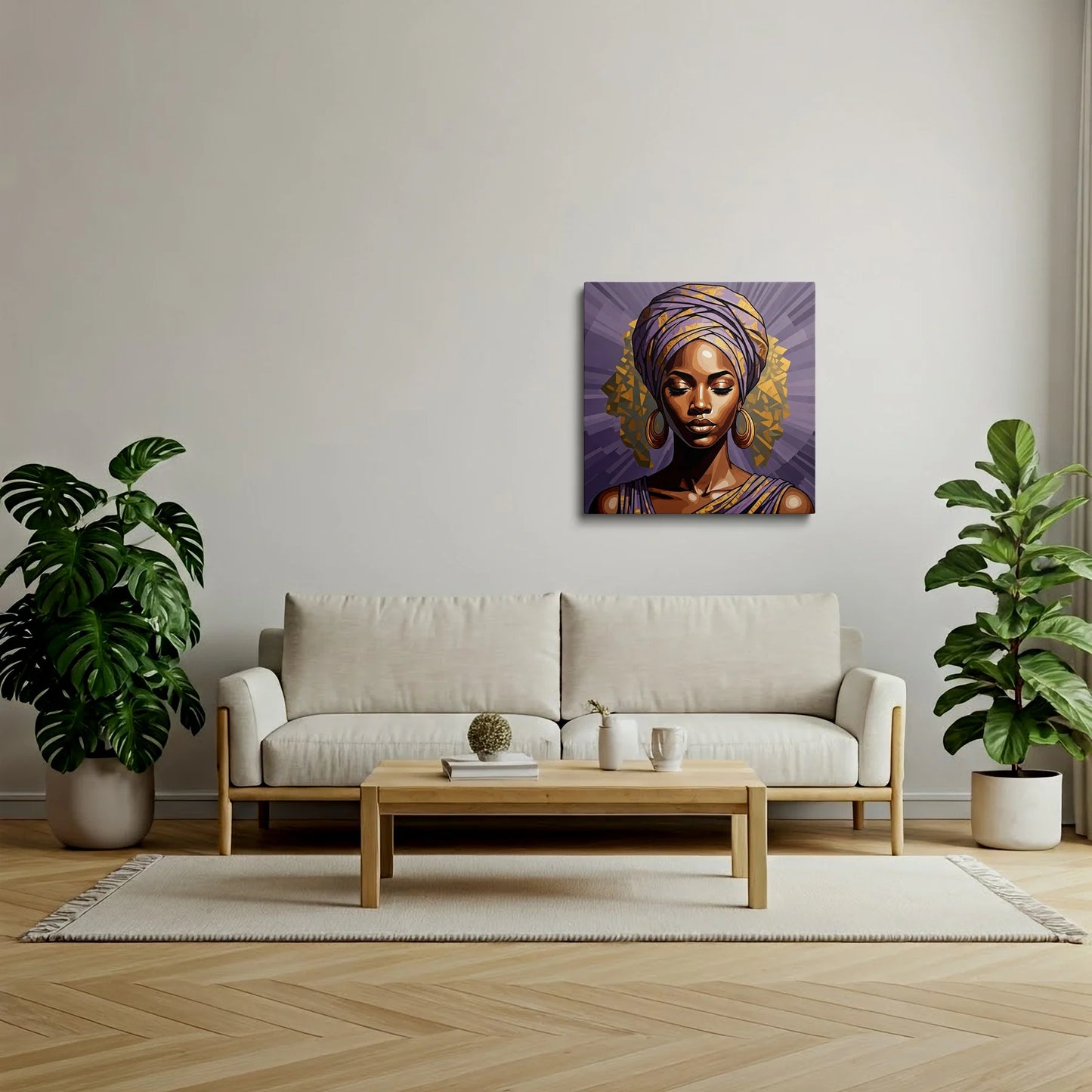 Tablou Modern - Portret Geometric Feminin în Nuanțe de Lavandă - vedere living