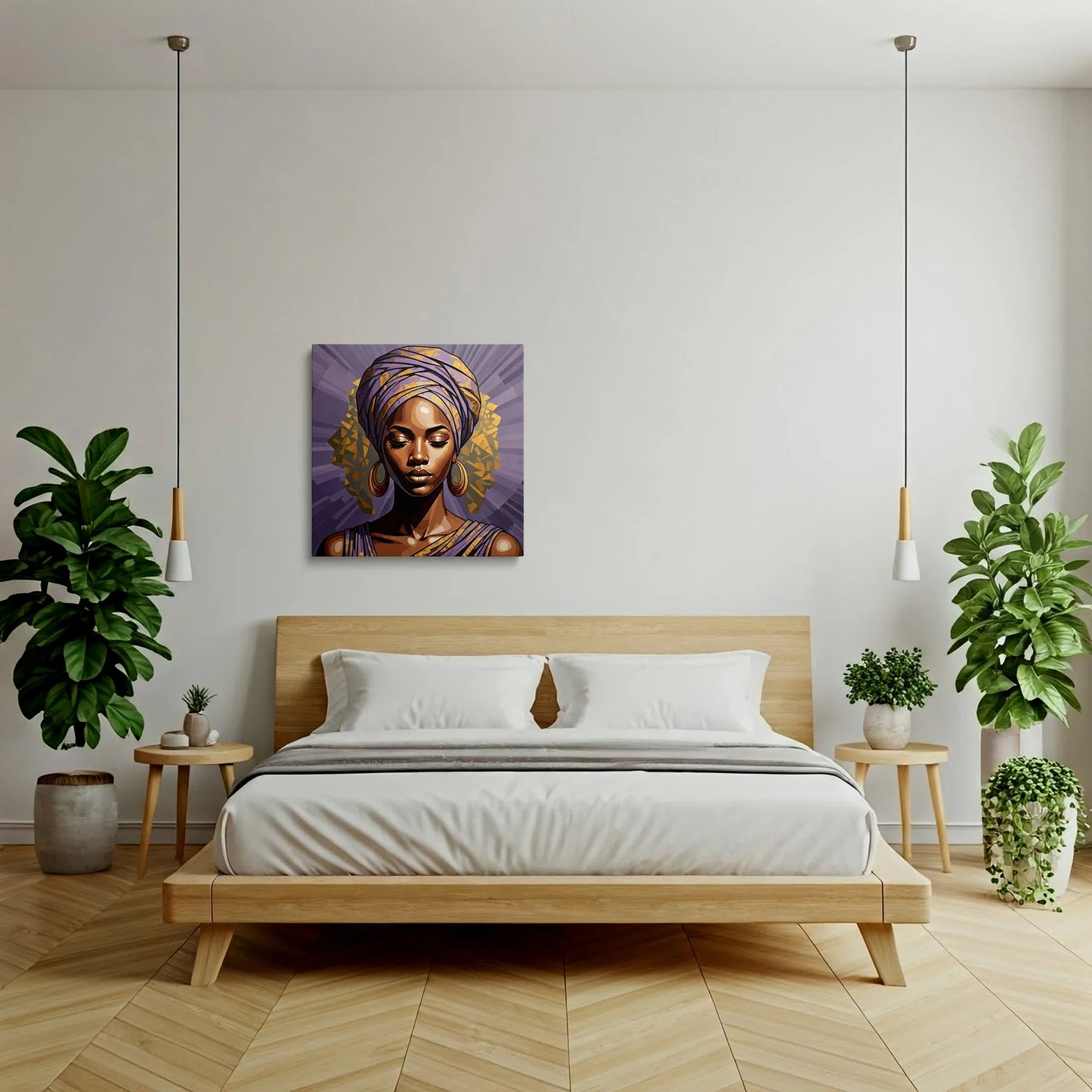 Tablou Modern - Portret Geometric Feminin în Nuanțe de Lavandă - vedere dormitor