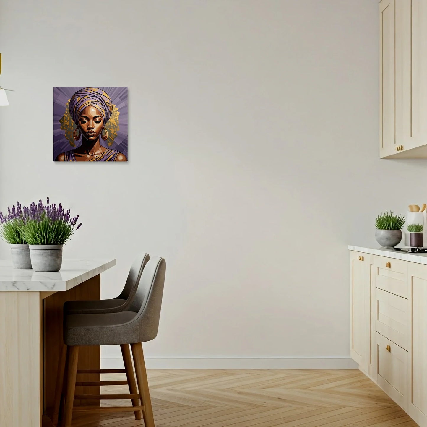 Tablou Modern - Portret Geometric Feminin în Nuanțe de Lavandă - vedere bucatarie