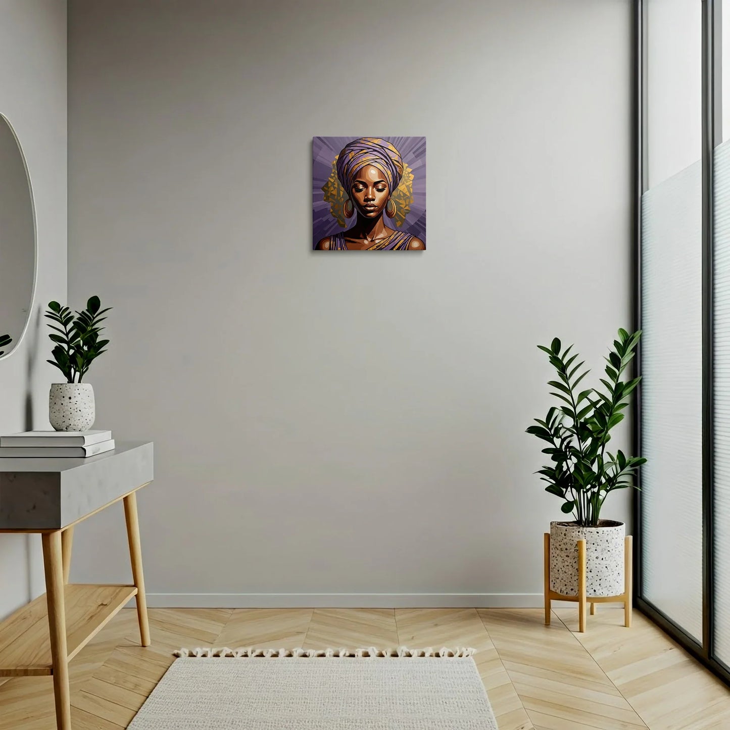 Tablou Modern - Portret Geometric Feminin în Nuanțe de Lavandă - vedere hol