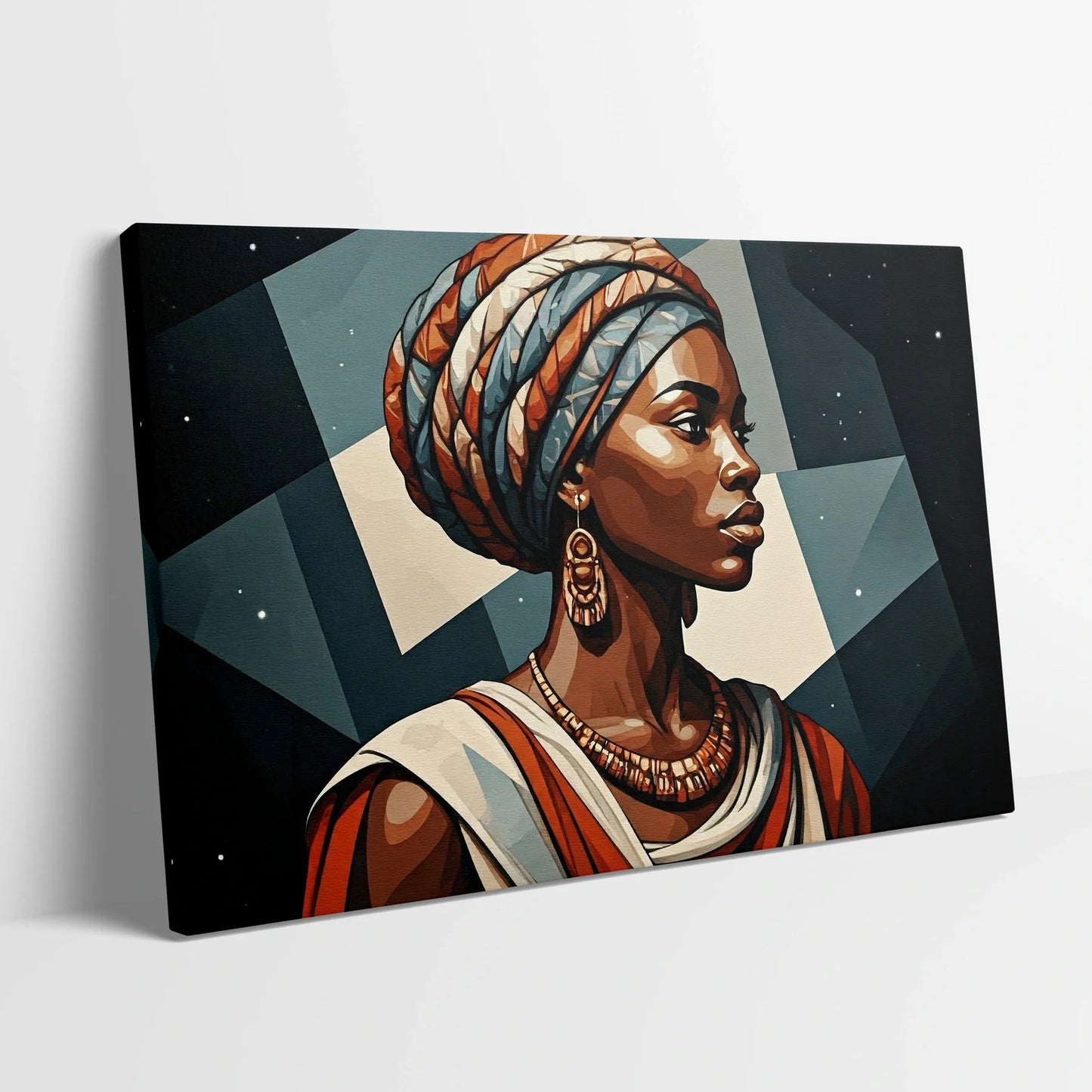 Tablou Modern - Portret Geometric Feminin Exprimat - vedere din lateral sprijinit perete