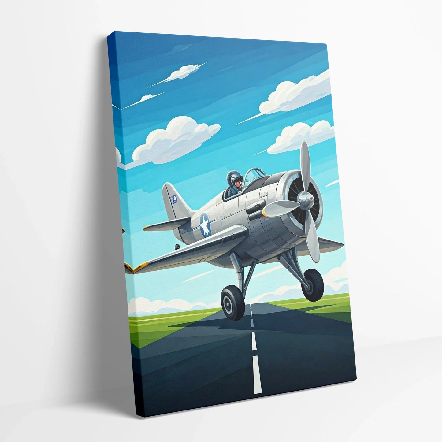 Tablou Modern - Avion Cubist Pe Cerul Albastru - vedere din lateral sprijinit perete