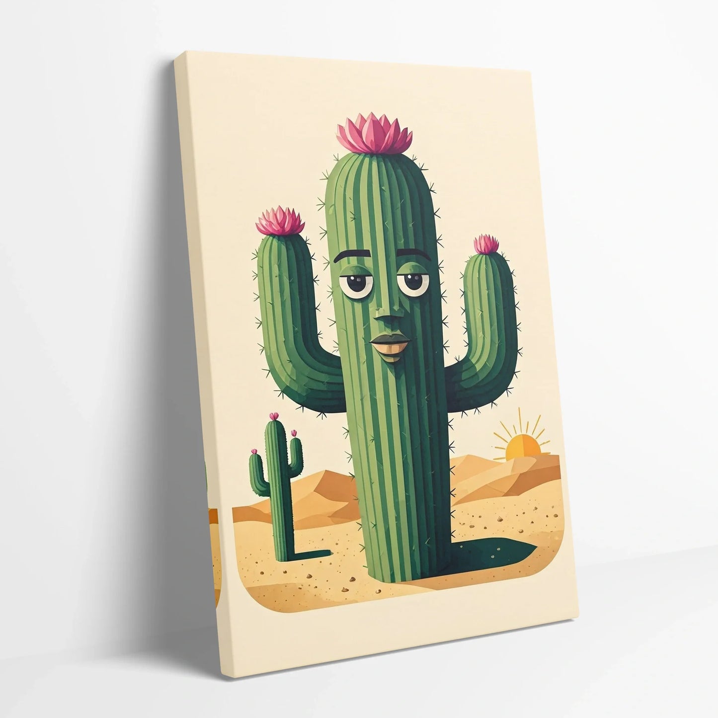 Tablou Modern - Cactus Colorat cu Personaj Amuzant - vedere din lateral sprijinit perete