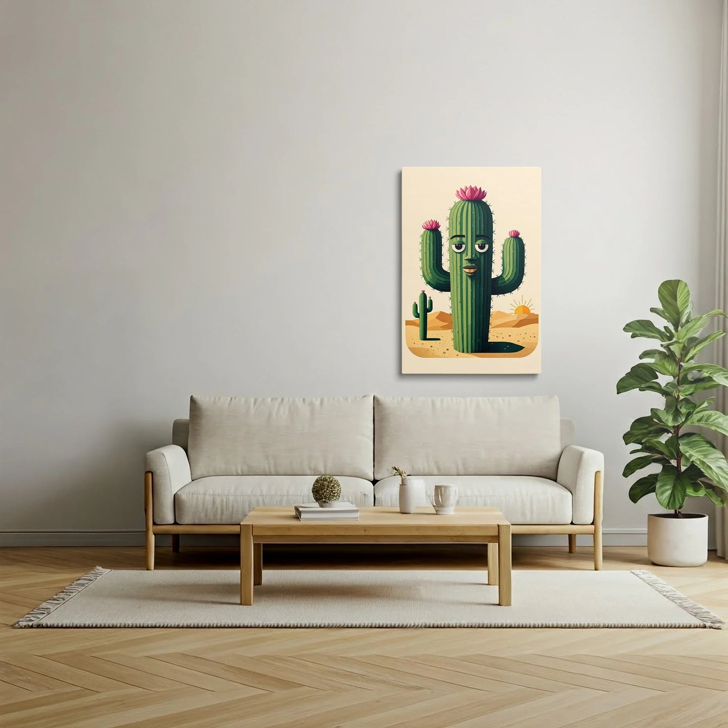 Tablou Modern - Cactus Colorat cu Personaj Amuzant - vedere living