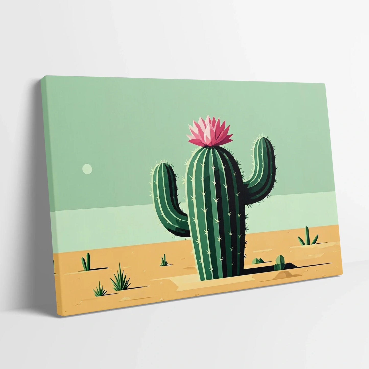 Tablou Modern - Cactuș cu Flori Colorate - vedere din lateral sprijinit perete
