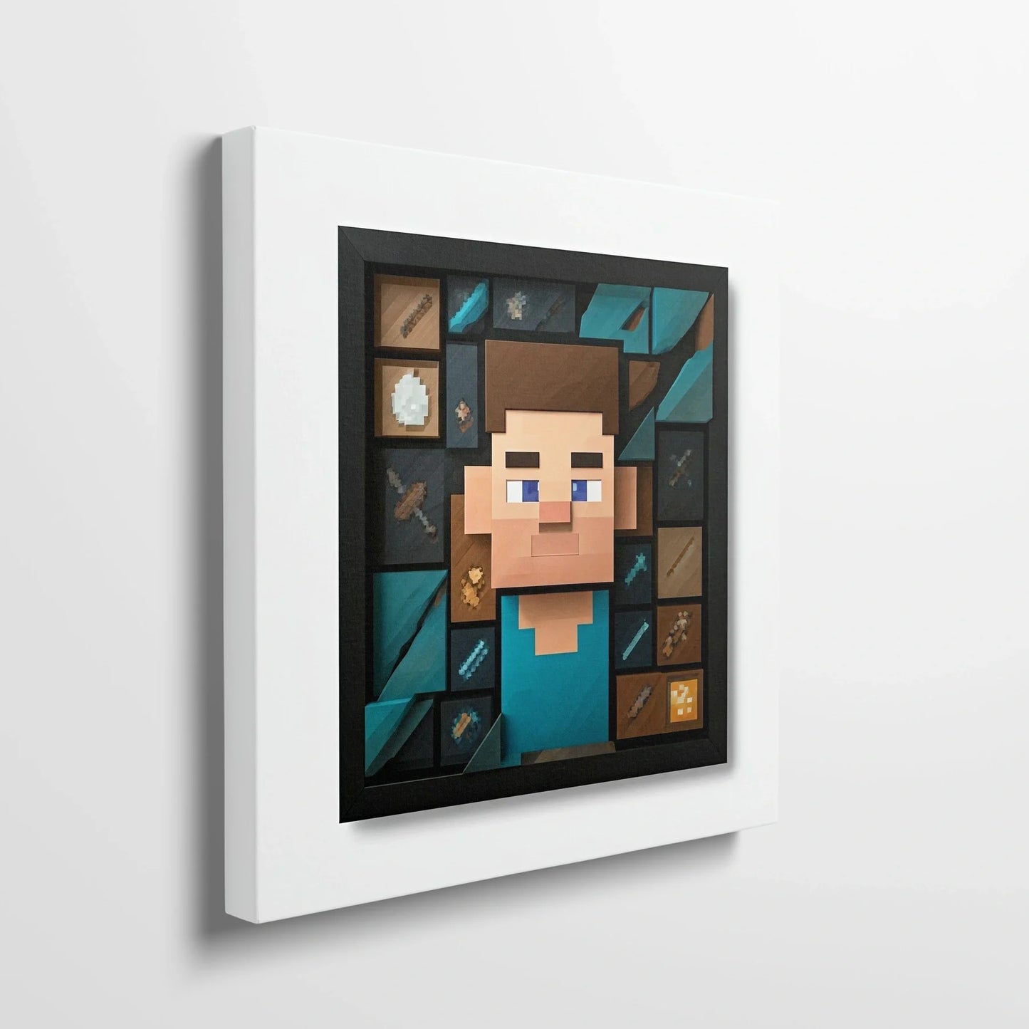Tablou Modern - Portret Cubist Minecraft Steve - vedere din lateral sprijinit perete