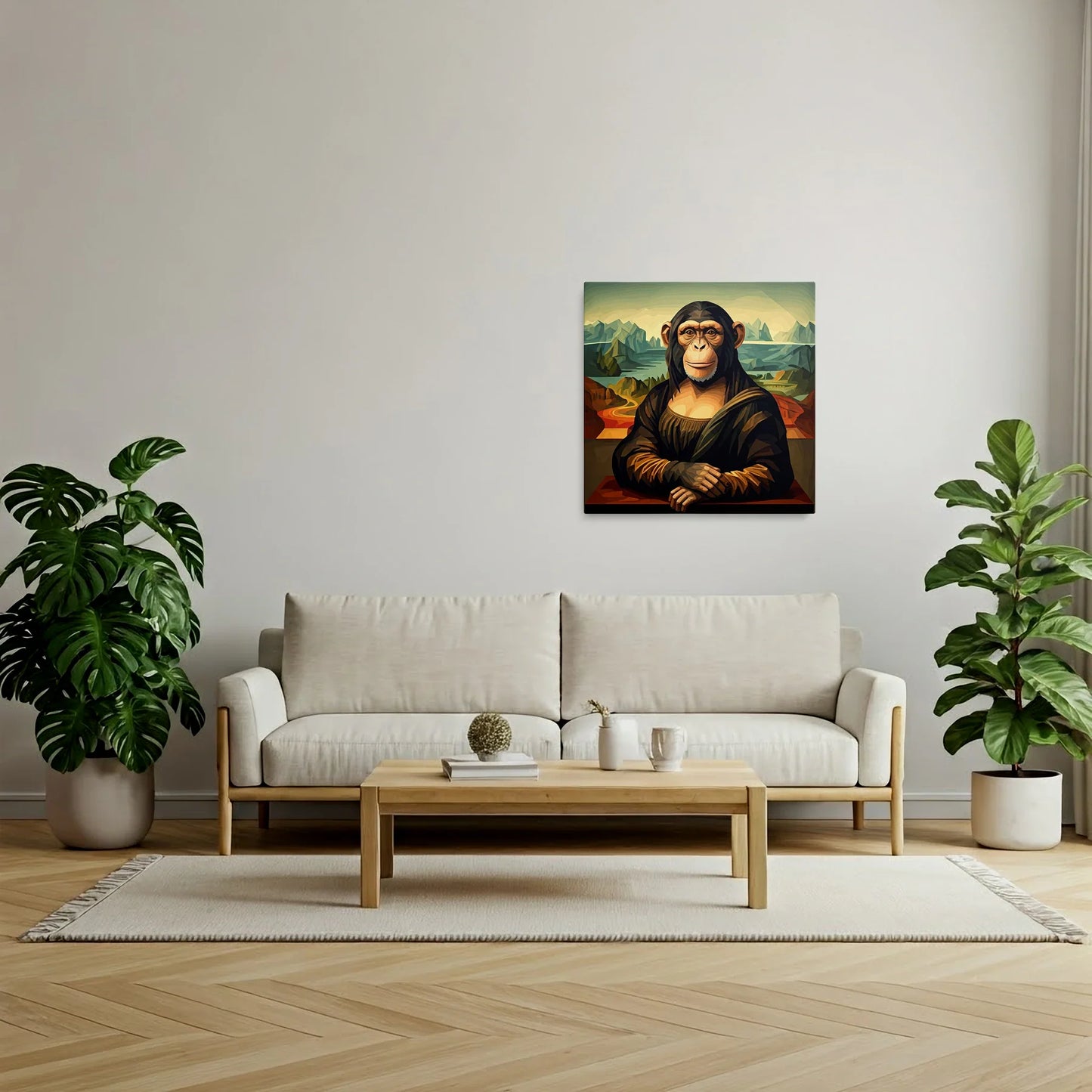 Tablou Modern - Maimuța Cubistă cu Fundal Geometric - vedere living