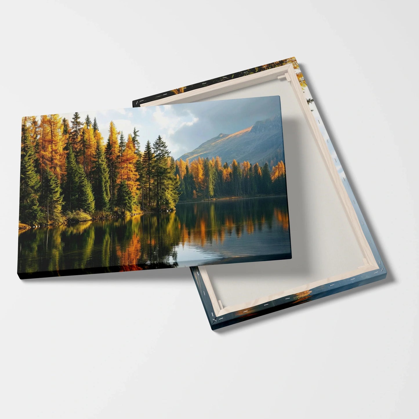 Tablou Peisaje - Pădure de Toamnă Reflectată în Lac - vedere fata verso